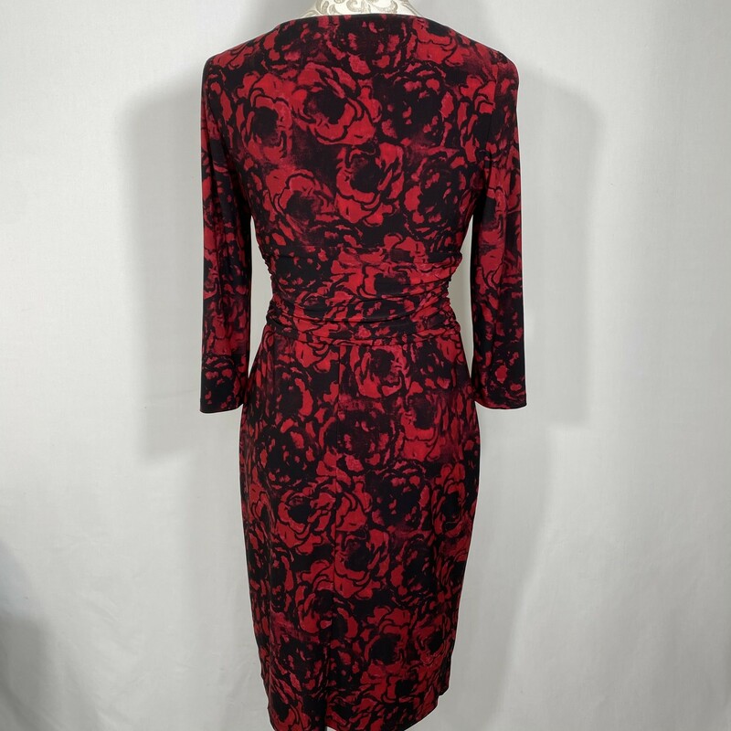 131-009 Chaps, Red, Size: Small long sleeve black and red patterned dress that crosses in the front 95% polyester 5% elastane