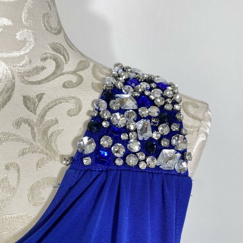 125-042 Ruby Rox, Blue, Size: Small one shoulder royal blue dress with gems on the sleeve 95% polyester 5% spandex  good