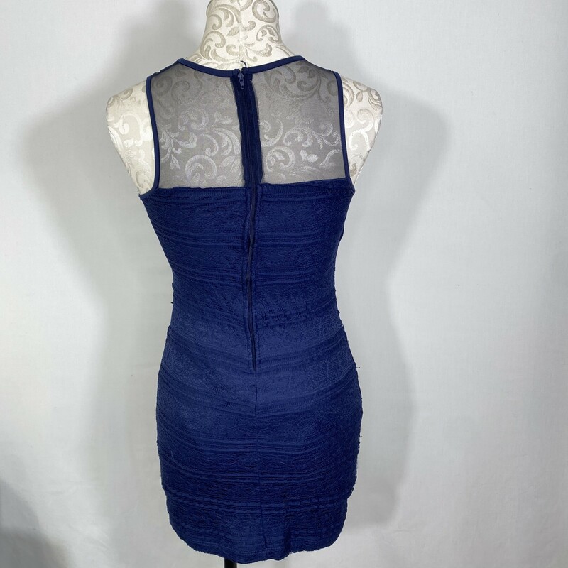 125-049 Speechless, Blue, Size: 3 navy blue lace dress with mesh top and gems on the top 90% nylon 10% spandex  good