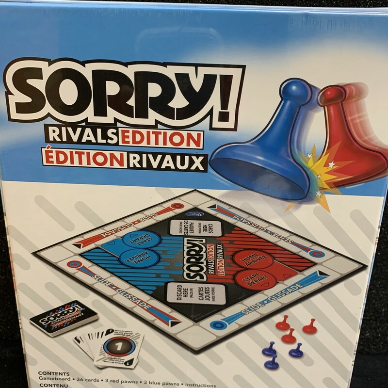 Sorry Rivals Edition, 6+, Size: Game<br />
<br />
Description<br />
It's the Sorry! game that has 2 players going head-to-head in a battle to get to the Home space first to win. In this Rivals Edition of the Sorry! game, players move their pawns around the board following the instructions on the cards. Players jump, bump, and slide their opponent's pawns as they race to be the first player to get all 3 of their pawns into Home. This two-player Sorry! game takes less time to play than the classic Sorry! game. It's a great choice for a play date, a rainy day activity, or anytime your kids want a fun game to play with a friend. For ages 6 and up.<br />
Hasbro Gaming and all related trademarks and logos are trademarks of Hasbro, Inc.<br />
<br />
TWO-PLAYER GAME: The Rivals Edition of Sorry! board game is an exciting game that has 2 players going head-to-head in a battle to get into the Home space first to win<br />
GAME OF SWEET REVENGE: Chase, race, bump, and slide! It's fun for a player to say sorry to their opponent as they bump them back while they hustle their way to home base<br />
QUICK GAMEPLAY: With the Sorry! Rivals game, players can experience faster gameplay than the classic Sorry! game<br />
<br />
• Includes gameboard, 36 cards, 3 red pawns, 3 blue pawns, and instructions.<br />
• Ages 6 and up<br />
• For 2 players.