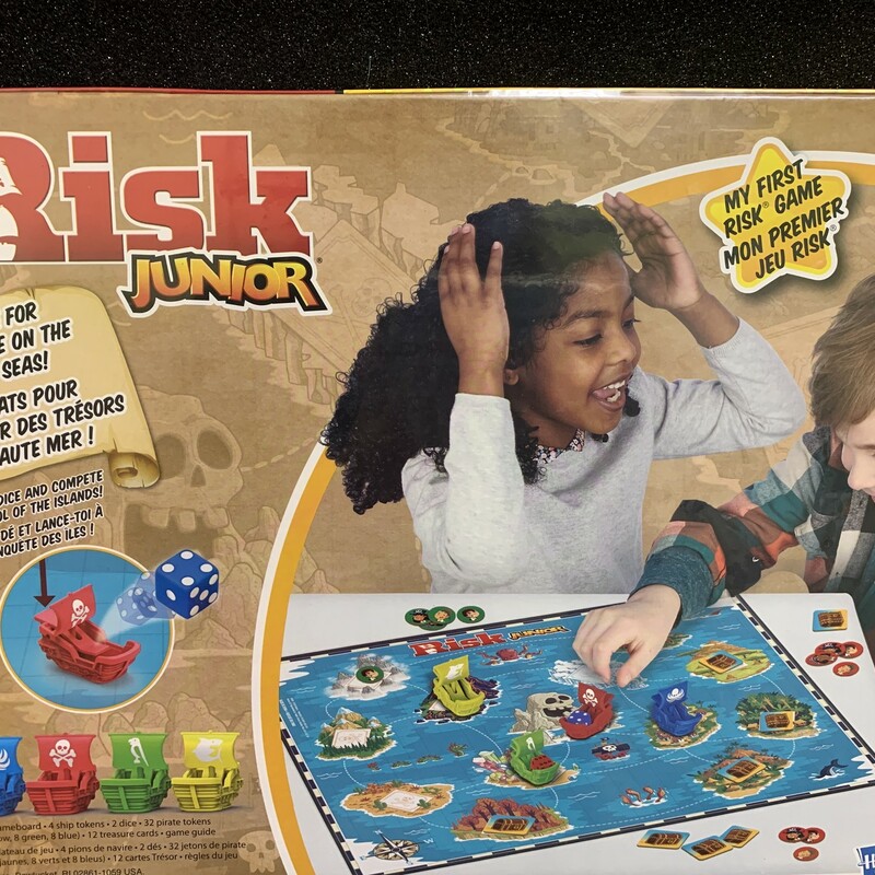 Risk Junior, 5+, Size: Game<br />
<br />
INTRO TO THE CLASSIC RISK GAME: The Risk Junior board game is a great way to introduce kids to the strategy gameplay of the classic Risk game. The game is for kids ages 5 and up; for 2 to 4 players<br />
PIRATE THEME: The Risk Junior game's pirate theme has kids moving their pirate ship tokens around the board, competing for treasure and control of the islands<br />
LAUNCH THE DICE: Place, press, launch. To battle another player to claim an island and its treasure, players put a die in their pirate ship, press the lever, and launch it to discover the next move<br />
GAME OF STRATEGIC CONQUEST: Move pirates on to islands, defend territories, and control of treasures. The player with the most treasure and islands at the end of the game wins<br />
MY FIRST RISK GAME: The Risk Jr. game is a great way to introduce kids to the classic strategy board game. It makes a great gift for kids ages 5 and up