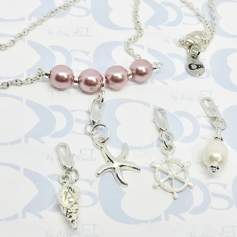 Karly Ne0016-dr 16, Dusty Ro, Size: Necklace<br />
Sterling Silver Accessories-8mm. Czech Pearls-Charms Sets: Depending on Selected Set could be  Sterling Silver or Silver Plated-Chain Length: 16