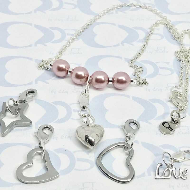 Karly Ne0016-dr 16, Dusty Ro, Size: Necklace<br />
Sterling Silver Accessories-8mm. Czech Pearls-Charms Sets: Depending on Selected Set could be  Sterling Silver or Silver Plated-Chain Length: 16