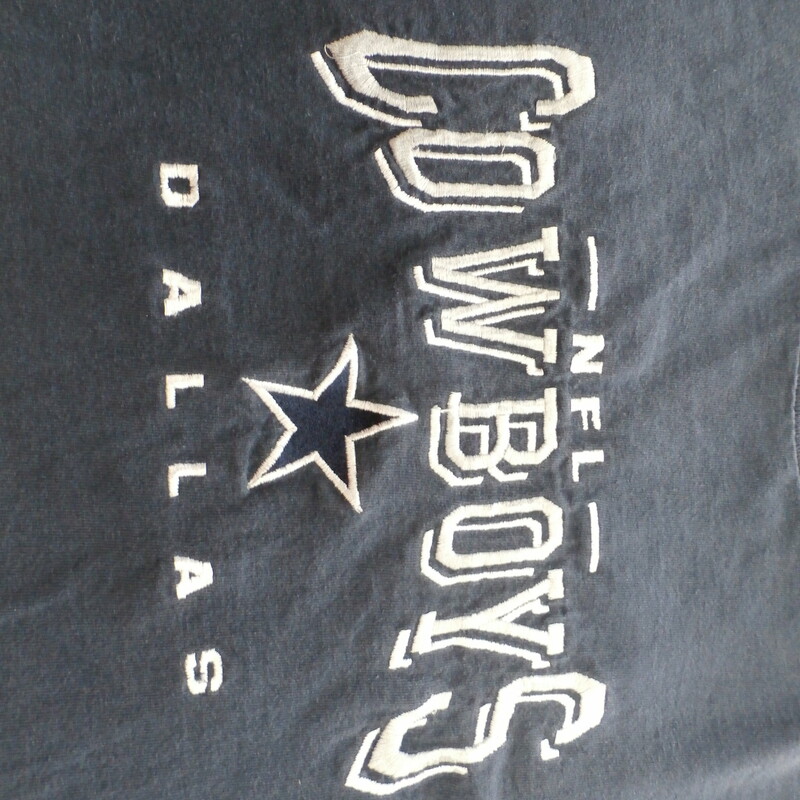 Dallas Cowboys Adult Embroidered Short Sleeve Shirt MISSING TAG Blue #25314
Rating:   (see below) 4 - Fair Condition
Team: Dallas Cowboys
Player: n/a
Brand: Missing Tag
Size: Missing Tag - Adult(Measured Flat: Across chest 20\", length 26\")
Measured flat: armpit to armpit; top of shoulder to the hem
Color: Blue
Style: Short Sleeve embroidered logo Shirt
Material: Missing Tag
Condition: 4 - Fair Condition - wrinkled; faded and discolored; feels coarse; missing tags; stretched; small hole on the front; some light stains throughout; definite signs of use
Item #: 25314
Shipping: $3.94