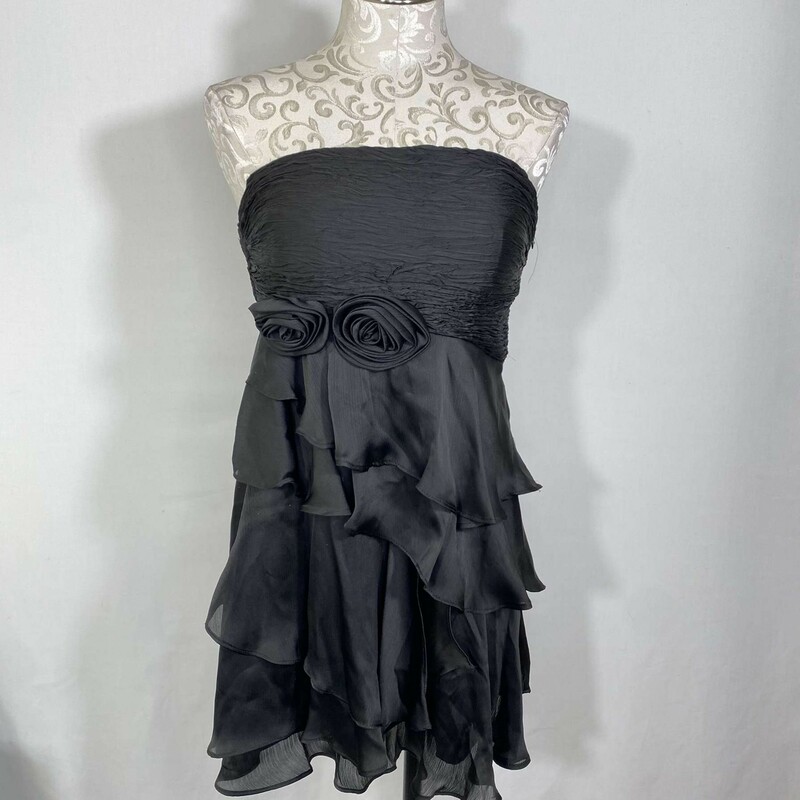 125-053 Aggie, Black, Size: Small strapless black dress with textures of roses on it 100% polyester  good