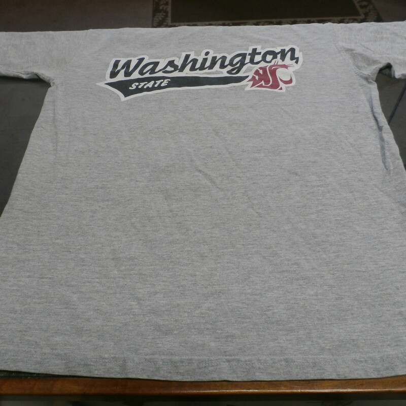 Washington State Cougars Jerzees Adult Short Sleeve Shirt Medium Gray #25307
Rating: (see below) 2 - Great Condition
Team: Washington State Cougars
Player: N/A
Brand: Jerzees
Size: Adult- Medium(Measured: Across chest 20\", length 27\")
Measured: Armpit to armpit; shoulder to hem
Color: Gray
Style: short sleeve; screen pressed logo
Material: 90% Cotton 10% Polyester
Condition: 3 - Good Condition - wrinkled; pilling and fuzz; feels coarse; logo is cracked and worn; definite signs of use; no stains rips or holes
Item #:  25307
Shipping: FREE