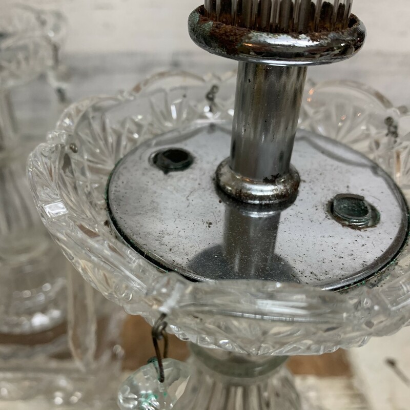 Have some rust, there is a chip on the base of one of the candlestick holders, please make sure to look at all the pictures for a closer visual.
Overall in a good vintage condition.
Measures approx. 17'' long, prisms are 3 1/4'' long, 5 1/2'' x 5 1/2'' base.
Thank you.
