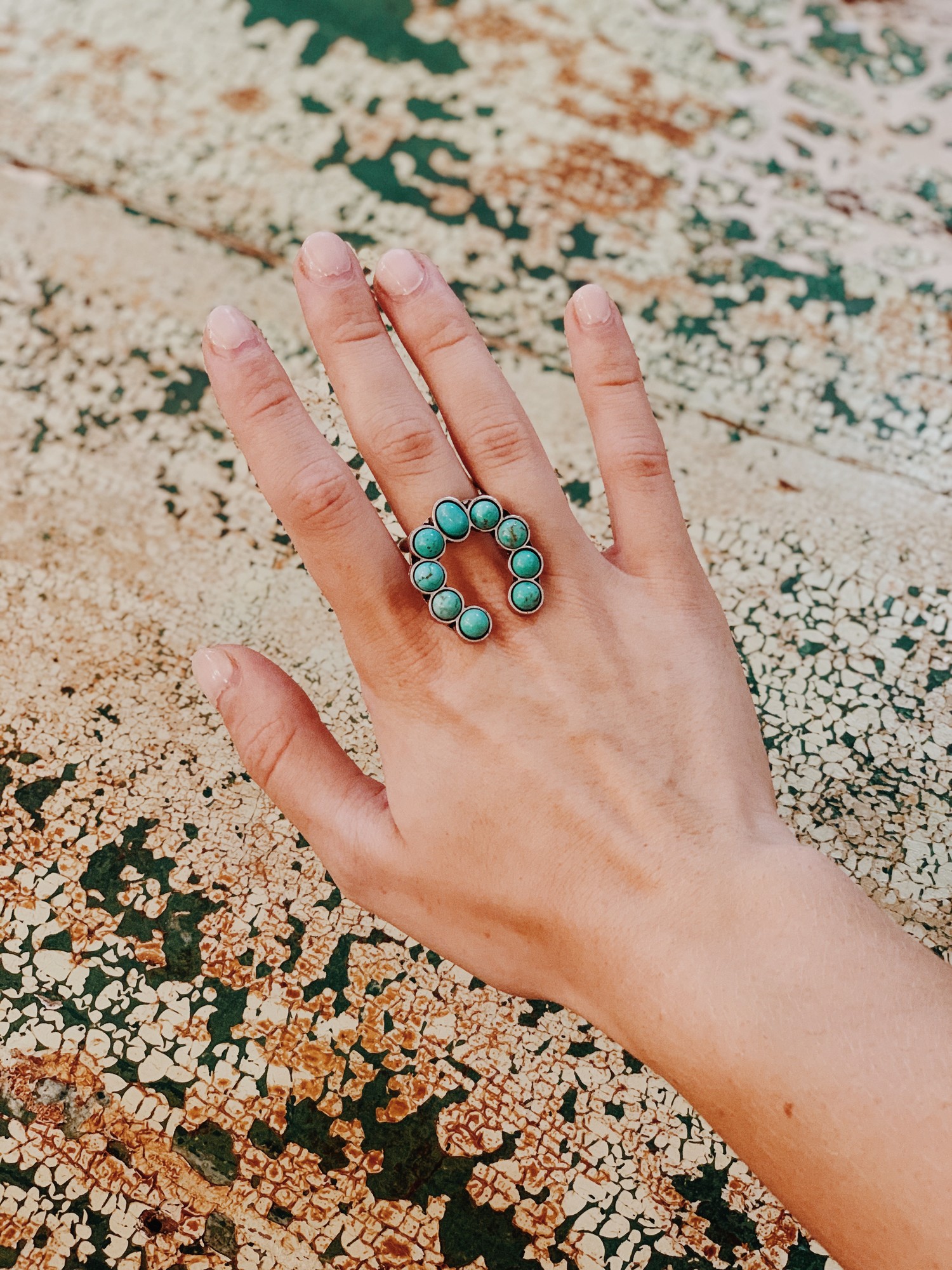 Boho Turquoise Stone Horseshoe Ring. Adjustable For size.