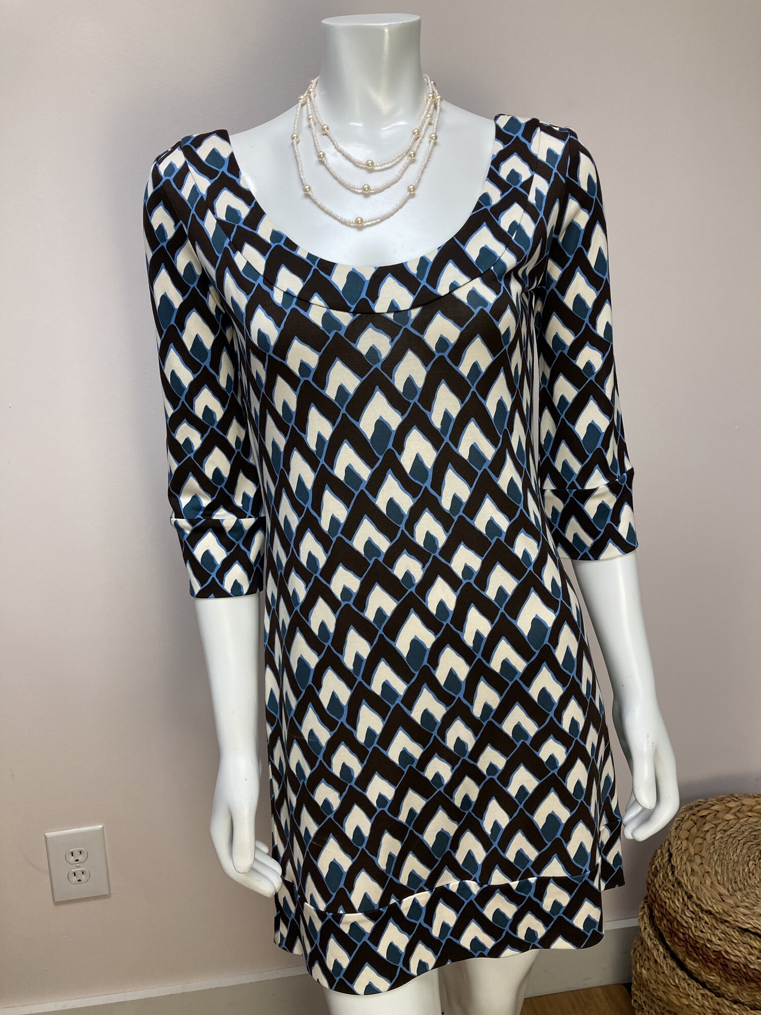 Diane Von Furstenberg Shift Dress, Brown White Blue, Size: XS, 2