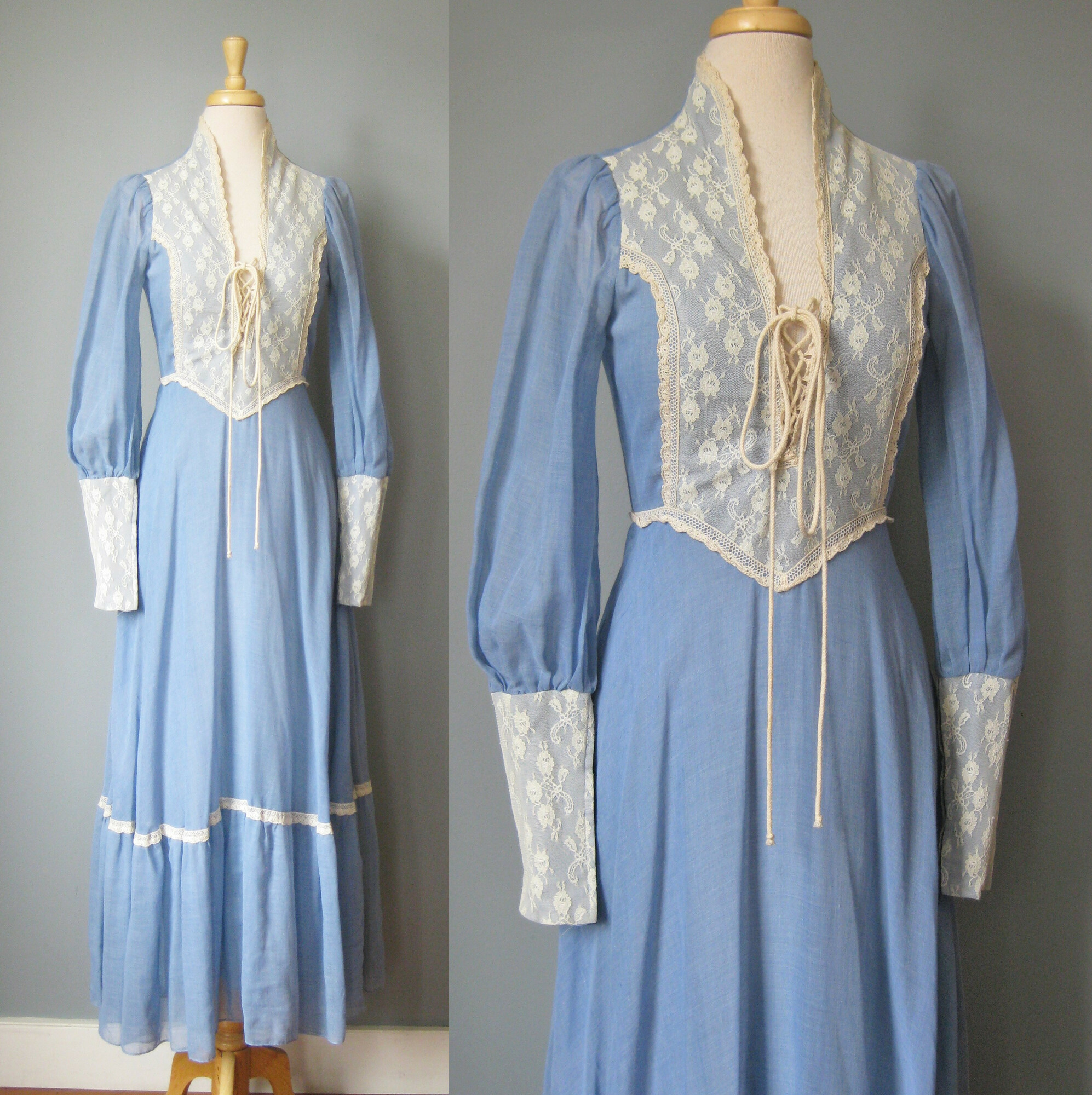 Vintage 1970s Gunne Sax Gown in blue cotton with white/offwhite lace trim.
corset lace front
Low neckline and sweeps up to cover the back of the neck
Gathered skirt is quite full
Juliet type sleeves, blue cotton from the shoulder to the forearm and then tight lace from there to the wrist.  The sleeves have zippers so you can get that tight look but still get in and out of the dress easily.
It's fully lined in white/offwhite soft acetate


Almost like new condition.  I found one small hole in the lining as shown and the corset lacing has a brown area also shown.

Here are the flat measurements please double where appropriate
Shoulder to shoulder: 13
Amrpit to Armpit: 17
Waist: 13
Hips: 20
Length: 57

Thank you for looking.
#43206