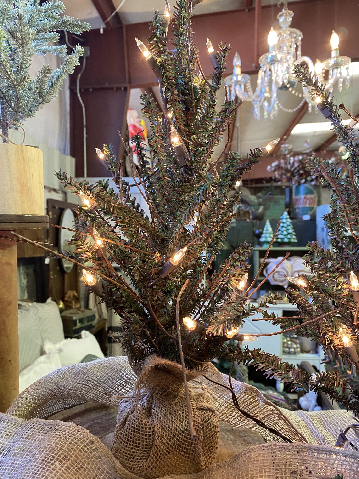 German fur twig tree with lights and burlap wrapped base stands 20 inches in height. Perfect for small spaces that need a little Christmas cheer