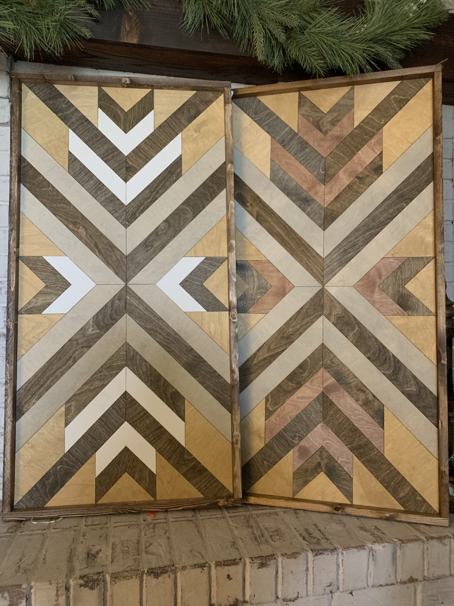 Wood stain and yellow painted geometrical wall decor