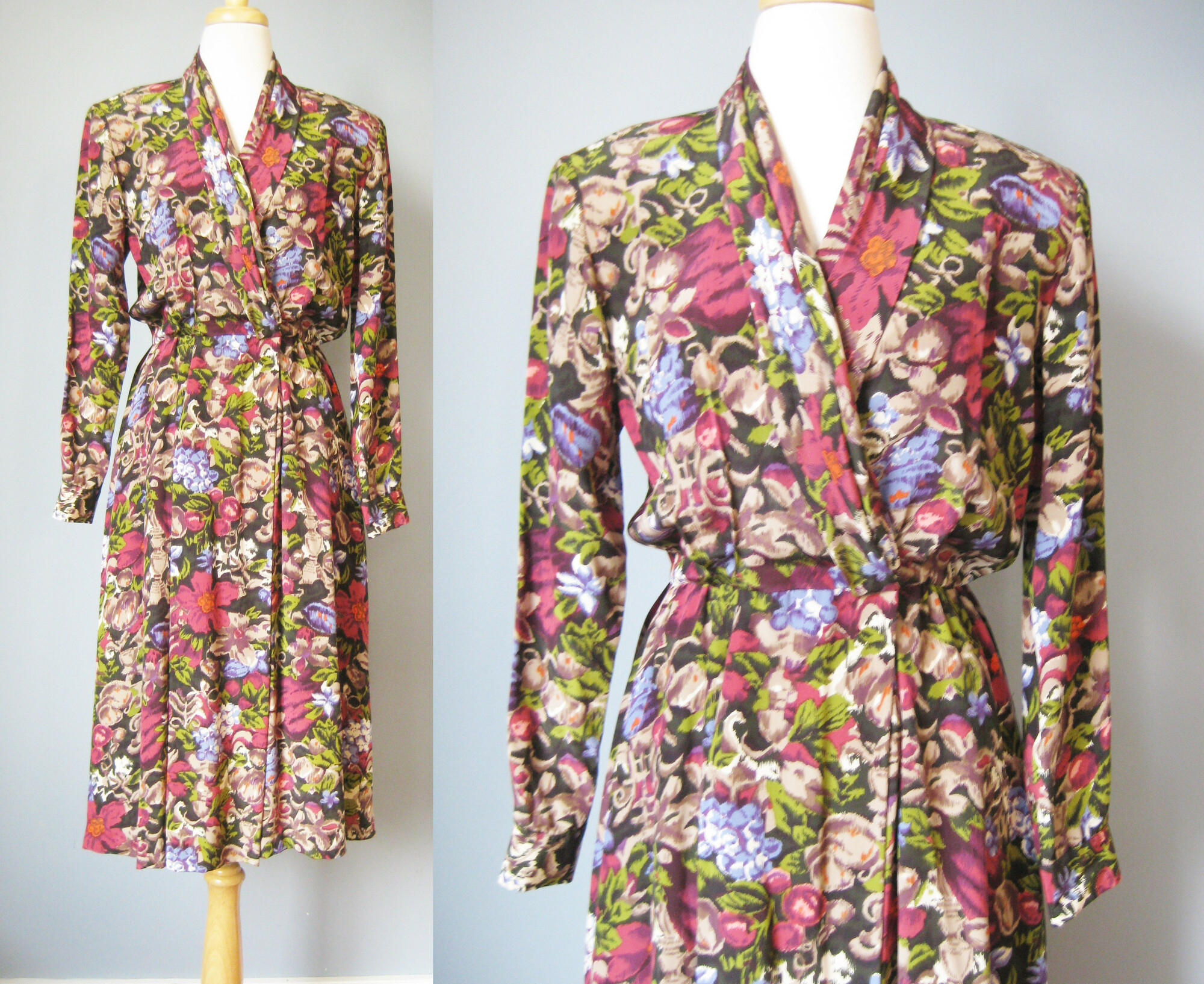 Here is a pretty silk secretary dress from the 1980s.  It's made of a silk in a sophisticated ikat style floral print.  The surplice neckline closes with buttons and hooks, it's really securely together in the front.  Elastic Waist. Unlined.  Removable shoulder pads snap off and on.

The colors are burgundy, olive green and blue but it gives off a warm tone bronazy vibe.

Long sleeve

Flat measurements:
Shoulder to shoulder: 16.34
armpit to armpit: 19
Waist: 12 to 15
Hip: free
Length: 46.25
Underarm sleeve seam: 18.5 (sleeve buttons at the end)

perfect condition!

Thanks for looking!
#36266
