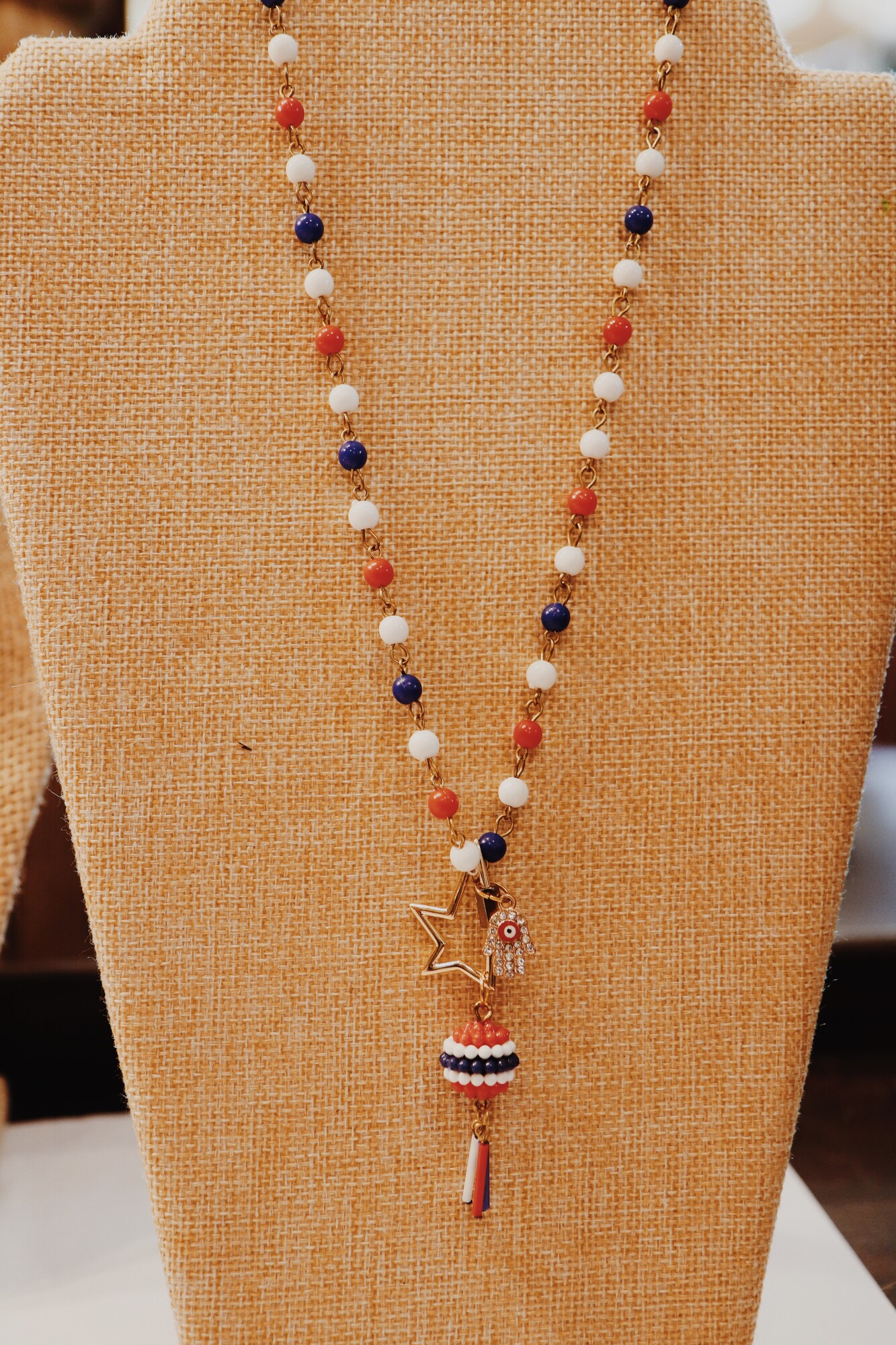 This adorable and patriotic Kelli Hawk Designs necklace is on a 19 inch chain!