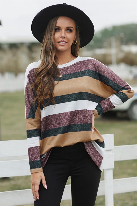 An eye catching, colorful stripe design

Round neck, long sleeves and loose hemline

Cut in a slouchy silhouette that suits most of us

Suitable for daily wear, home, working, sport, party, holiday etc