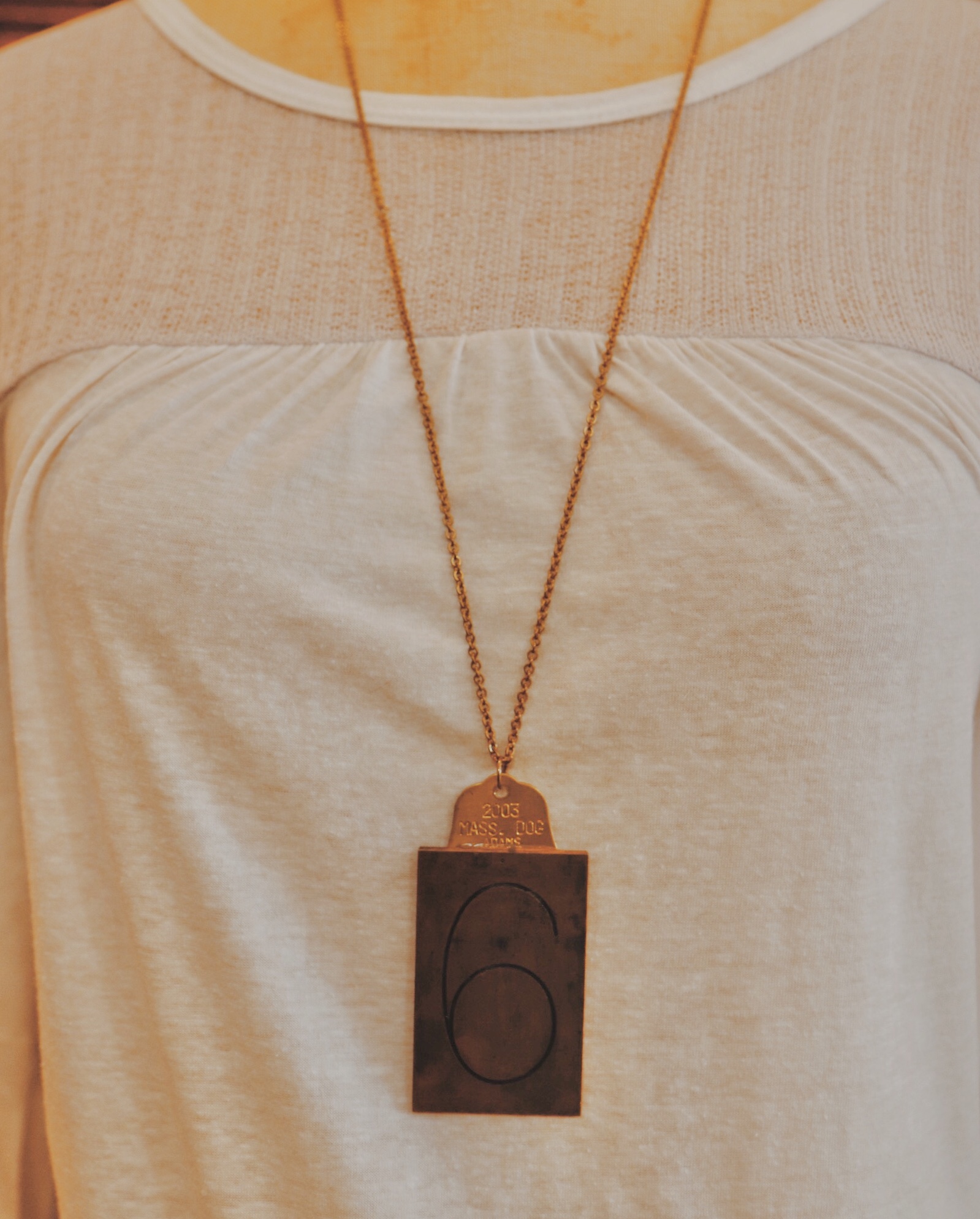 This handmade necklace has a 6 engraved brass plate and hangs on a 32 inch chain!