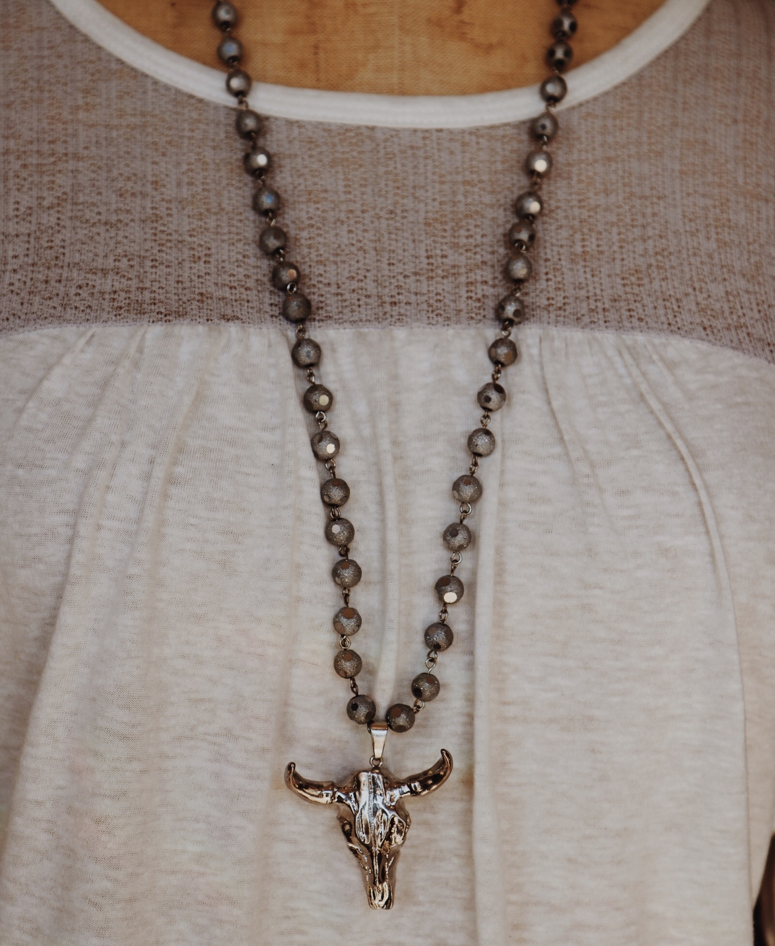 Boho Silver Beaded Cow Skull Necklace. 32 inch beaded chain. So cute layered with a choker!