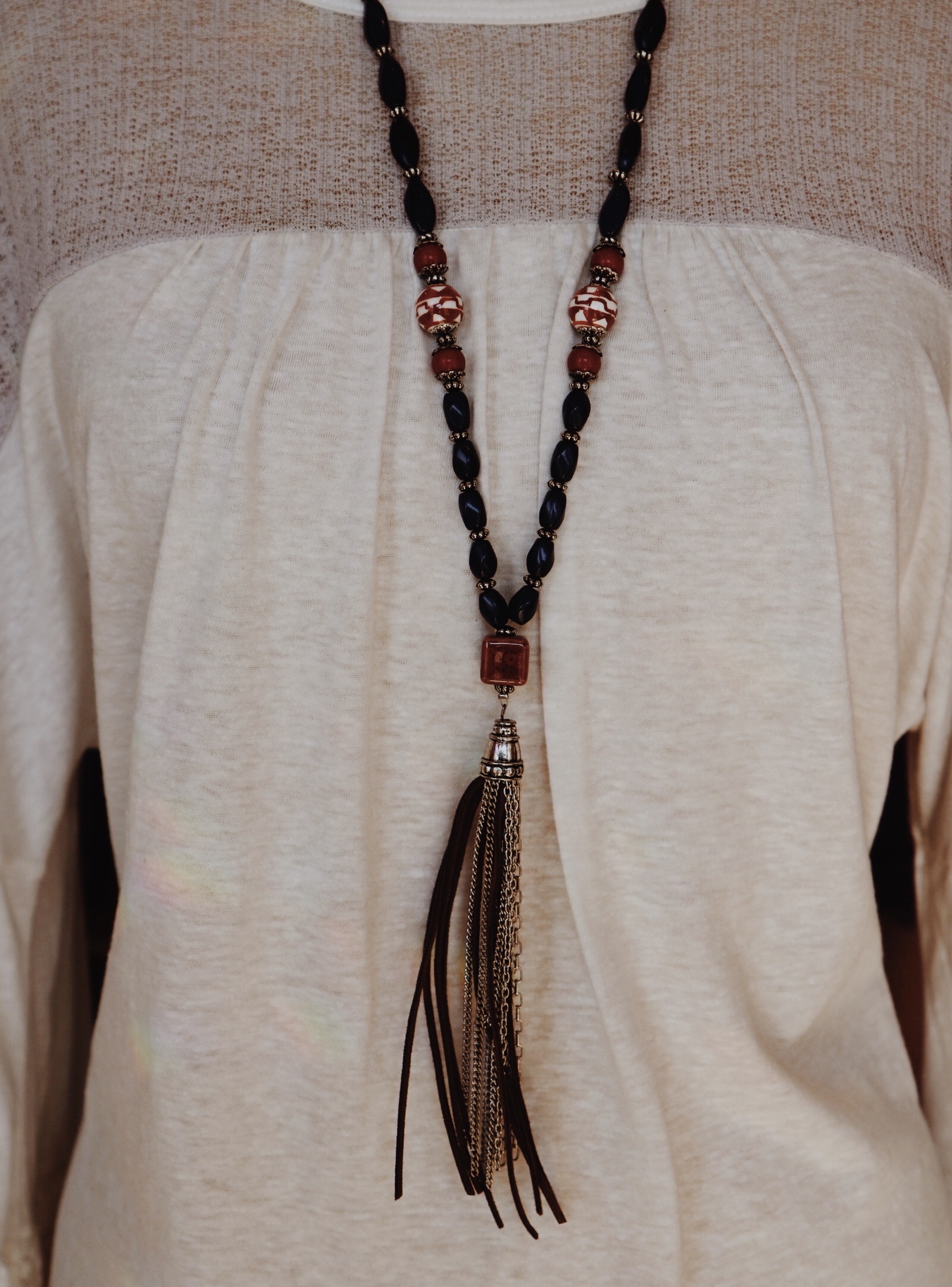 Navy Blue Tassel Necklace with blue and red beaded 16 inch chain and 6 inch metal chain and leather tassles.