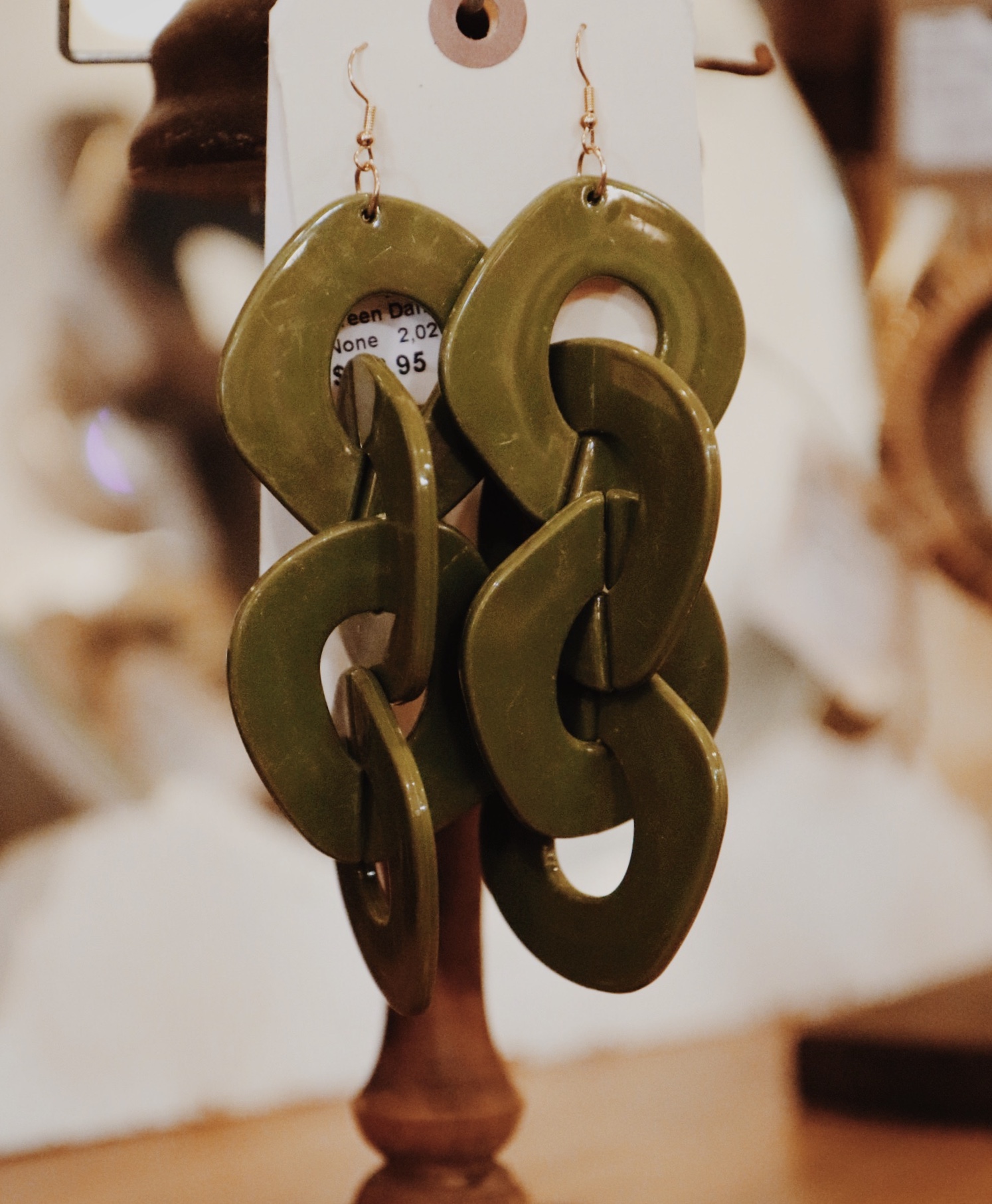 Green Resin Interlocked Oblong Dangle Earrings, Measuring 5.5 inches long