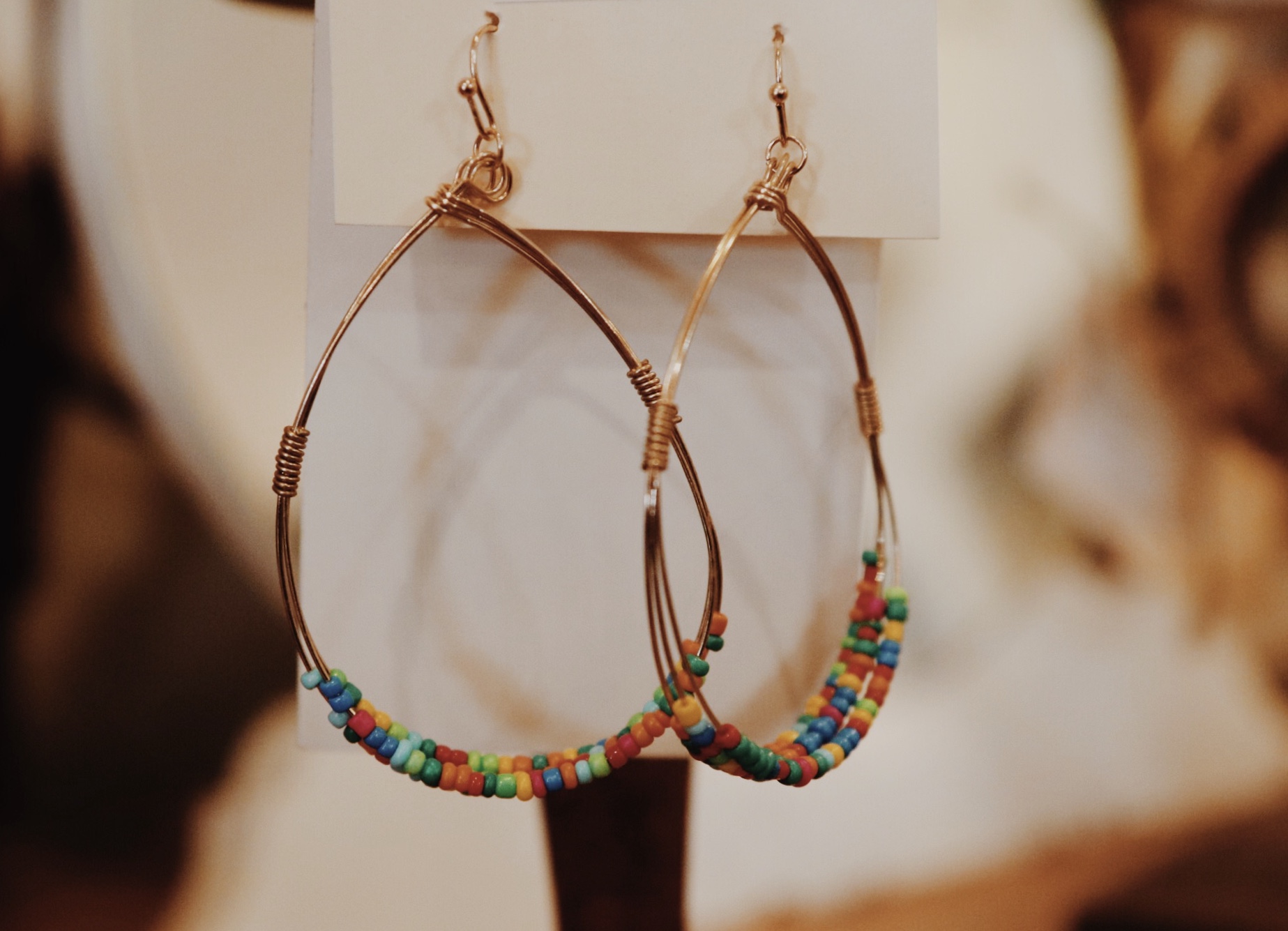 Colorful Earrings, Multicolored bead tear drop earrings, measuring 3 inches long.