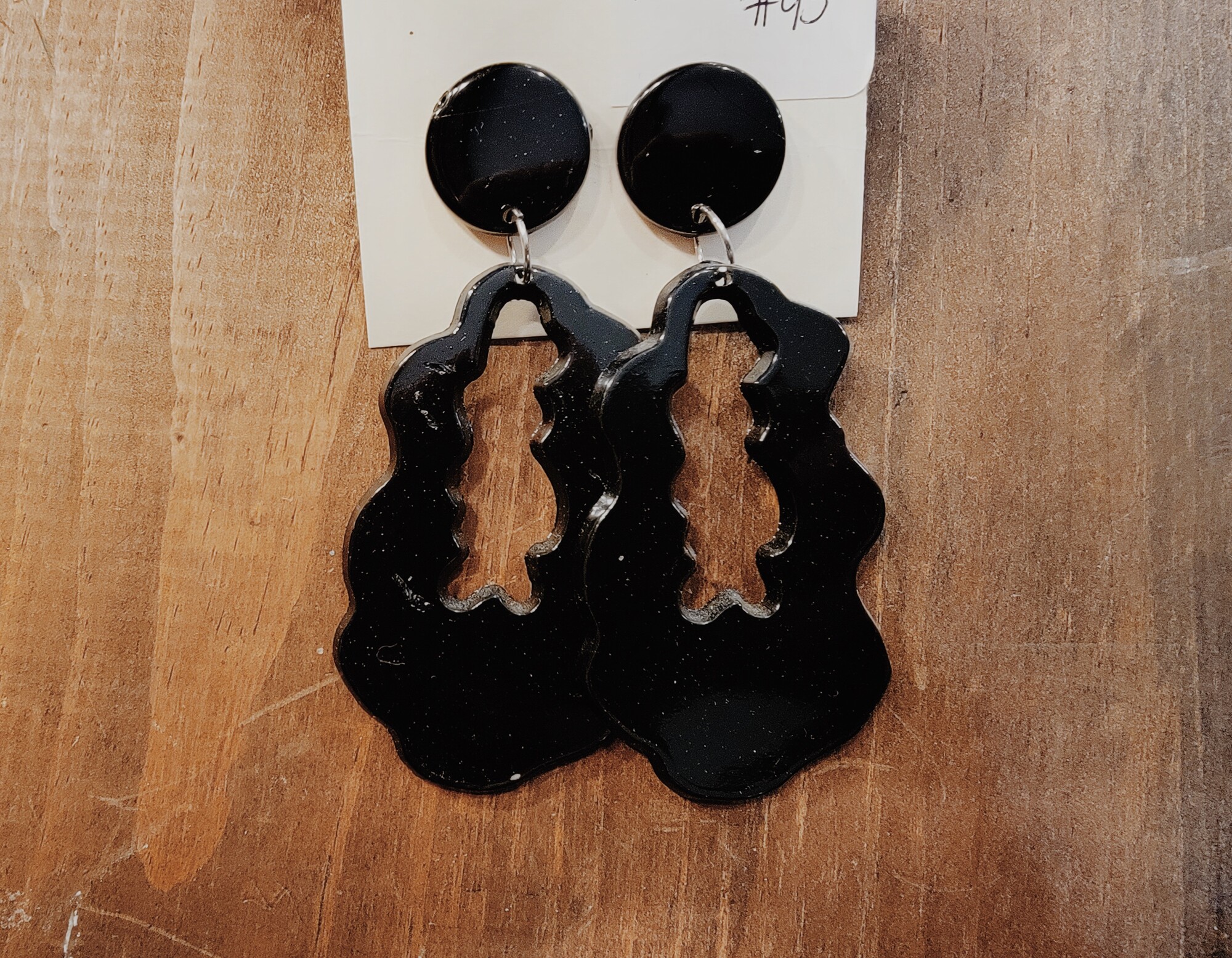 Black Plastic Boho Earrings, Measuring 3.5 inches long.