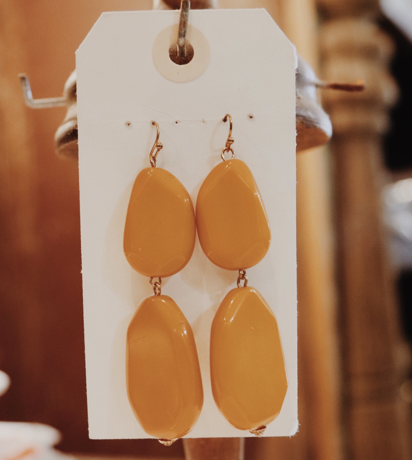 Mustard Stone Dangle Earrings, Measuring 3.5 inches long. They are lightwieght compared to how they look.