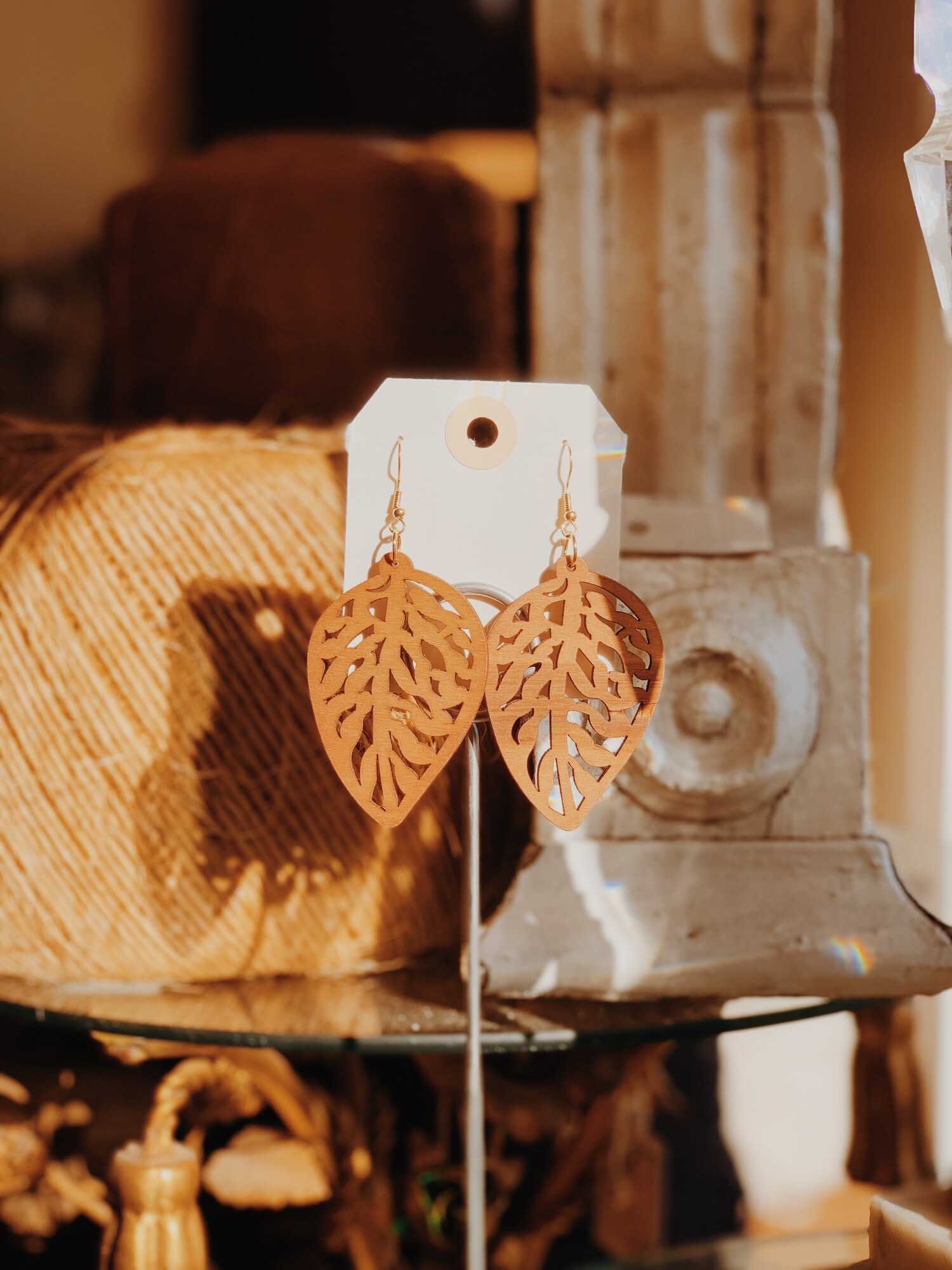 These gorgeous wooden carved earrings measure 3.5 inches long!