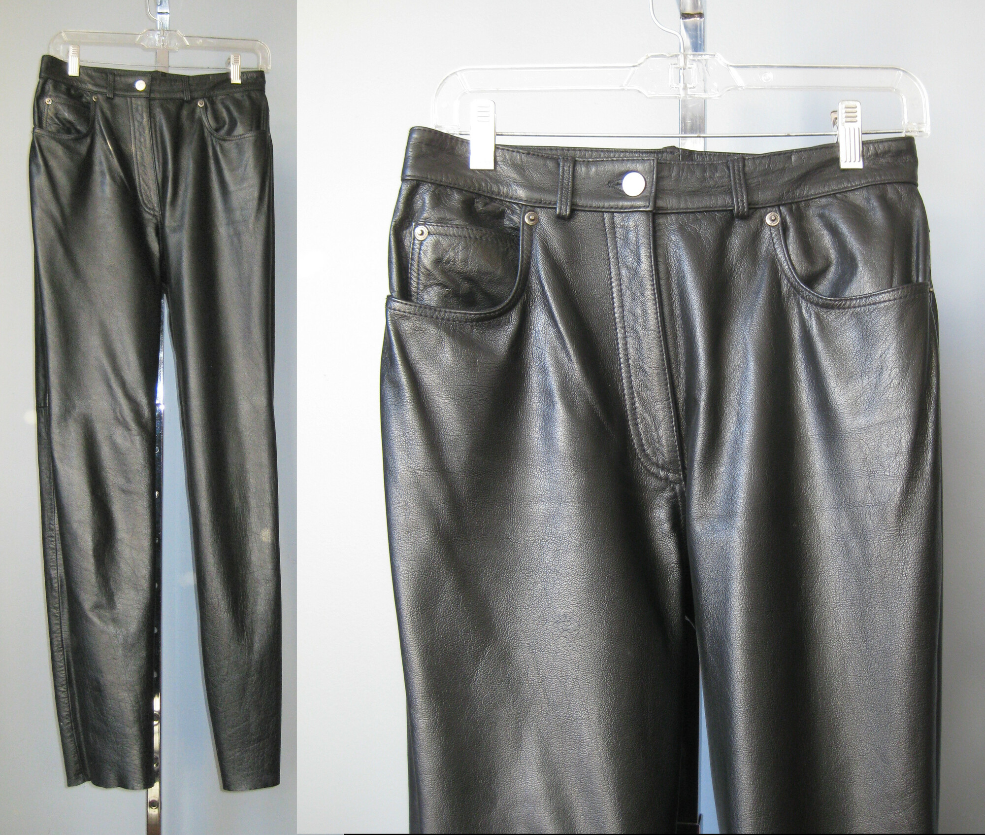 High waisted and high quality leather jeans by
 FMC

High quality soft leather,
Fully lined to the mid calf
Regular 5 pockets jeans styling with button and fly front
Unfinished hem (as per usual with leather pants)

Black
Marked size 10 but def. WILL NOT FIT A MODERN SIZE 10 woman.  Better for a size 6 oir possibly 8
Here are the flat measurements. Please double where appropriate:

Waist: 14.5
Hip: 20 3/4
Rise: 11 3/4
Inseam: 32.5
Side seam: 43.5

Perfect condition!


Thanks for looking!
#44709