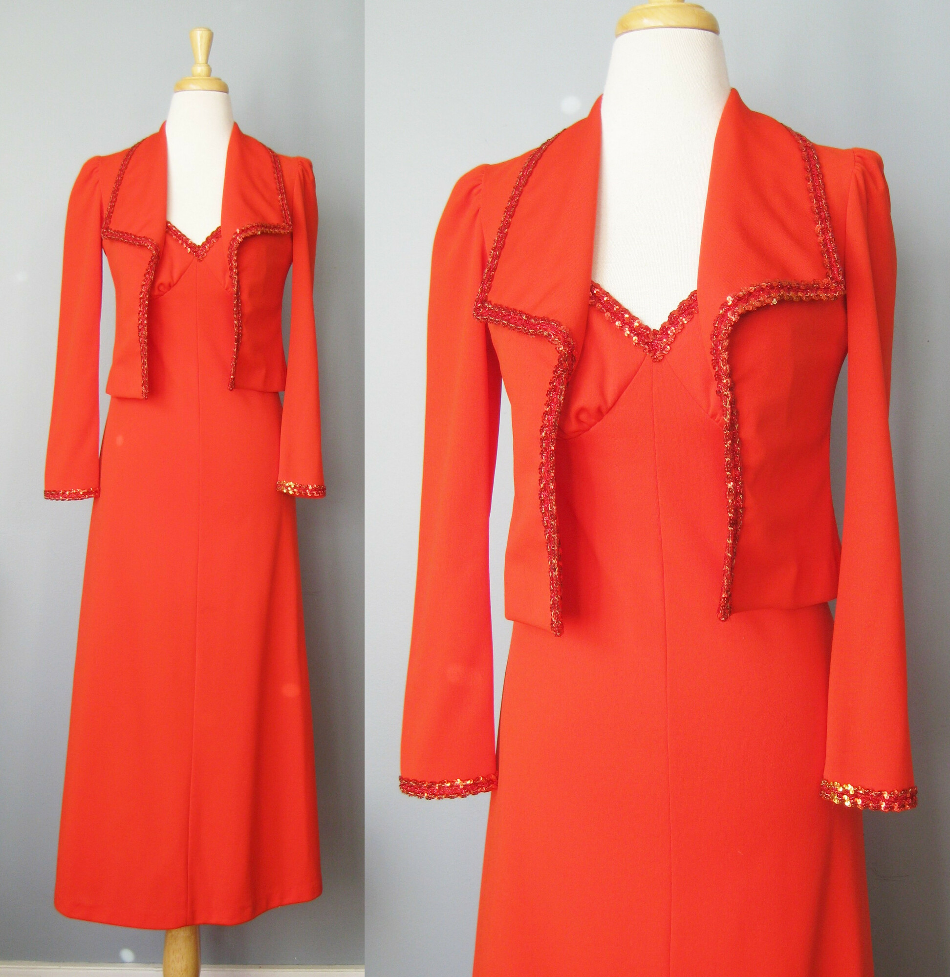 Bright Red prom dress from the 1970s.
This outfit consists of a spaghetti strap gown with a fitted top trimmed in sequins
The jacket is waist length, long sleeved and has the same trim

The size tag says size 7 but WILL NOT fit a modern size 7.  My mannequin is about a size 4 and this dress will not zip all the way up on it so, figure this for a size 0 -2,  also better for a slim woman or girl who is buying junior sizes.

Here are the flat measurements, please double where appropriate:

DRESS:
Armpit to armpit: 17.5
Waist: 13.25
Hip: 19
Length: 52.5

JACKET:
Shoulder to shoulder: 13
Armpit to armpit: 16
Underarm sleeve seam length: 18.25
Length: 17
condition: excellent, there is a vanishingly faint shadow on the front of the dress and a darker smudge which is hidden by the turn of the collar of the jacket as shown., so it won't be seen when

Thanks for looking!
#38876