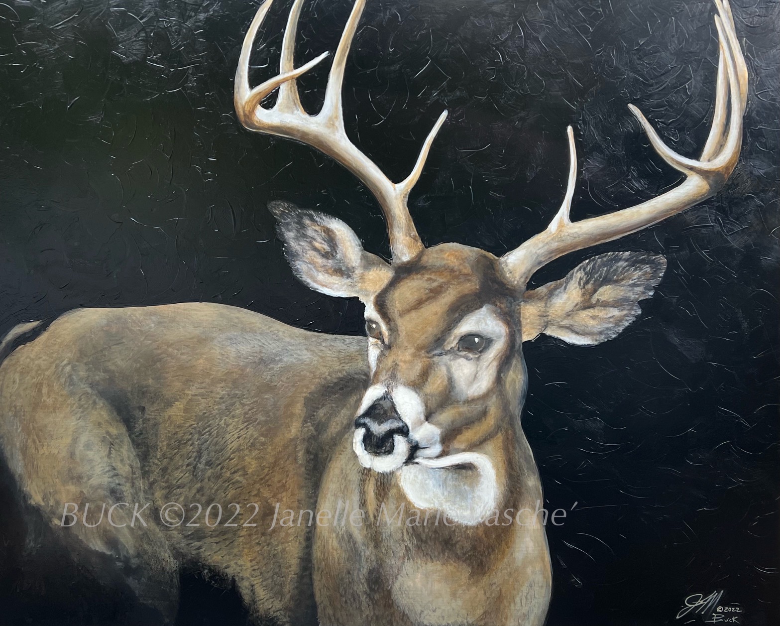 Buck by Janelle Marie

Size: 48 x 60

From Janelle Marie,

A Native of the Southwest, I found a home in the Sierras nearly 17 years ago. I am a freelance artist for 31 years now painting a broad spectrum of subjects from landscape portraiture(both human and animal), sports, abstract, to outdoor paintings on plywood. A good portion of my abstract work can be seen in Bay Area businesses and homes as well as on the Big Island of Hawaii and throughout the United States. I often work with interior designers and collectors to create custom concepts and very much enjoy the one on one exclusivity of private commissions. I produce originals only and specialize in creating one of a kind paintings for high end mountain homes as well as desert retreats and healing centers. Currently available in the Tahoe area is a wide variety of Horse paintings, Bears, Buffalo, Cattle and Cowgirls.

To view in person please visit the Truckee gallery on River Street, and the showroom on Pioneer Trail, and ask for Ann Dee Zeilinger or Jill Amen at Mountain Living Home Consignment 530-536-5046