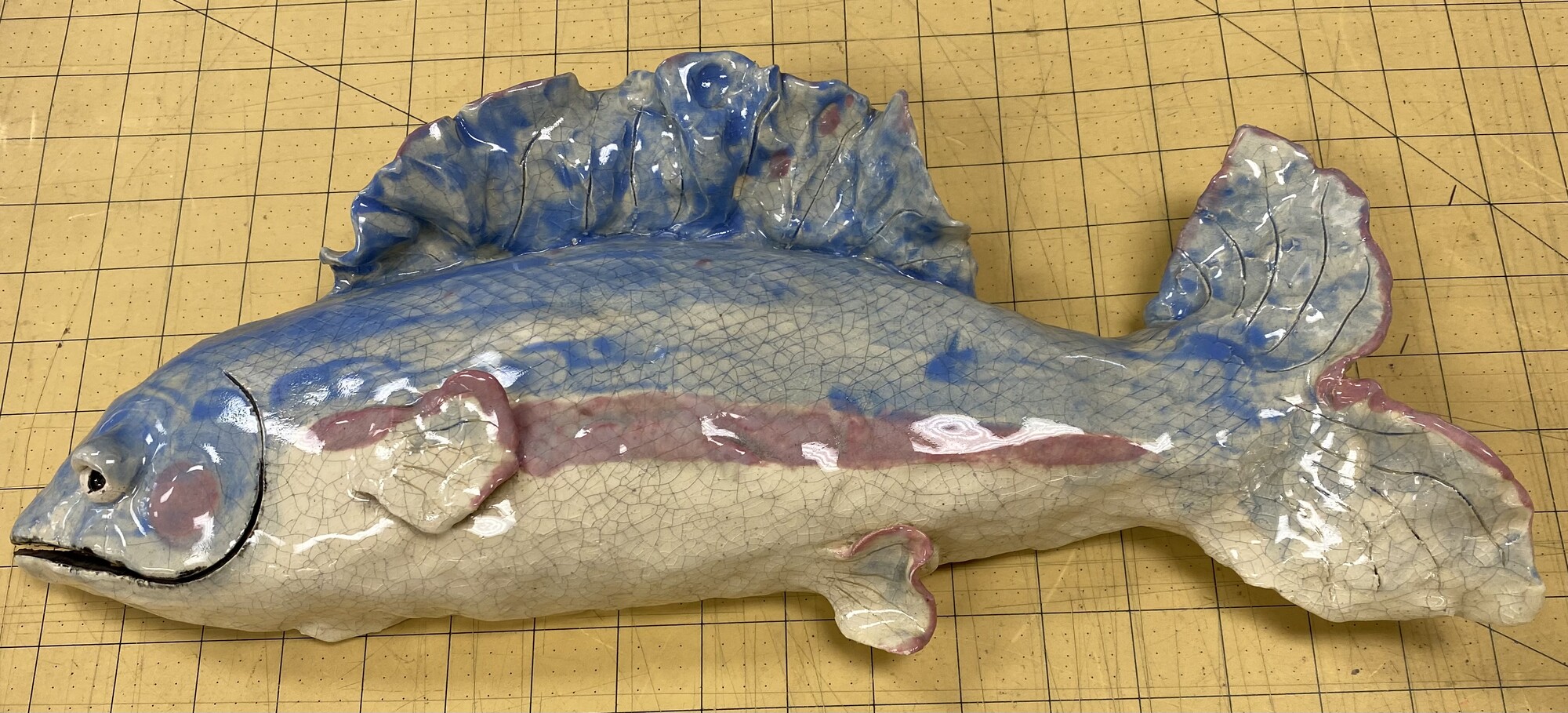 Handmade Pottery Fish, Pink/Blue, Size: 17x7 Inch