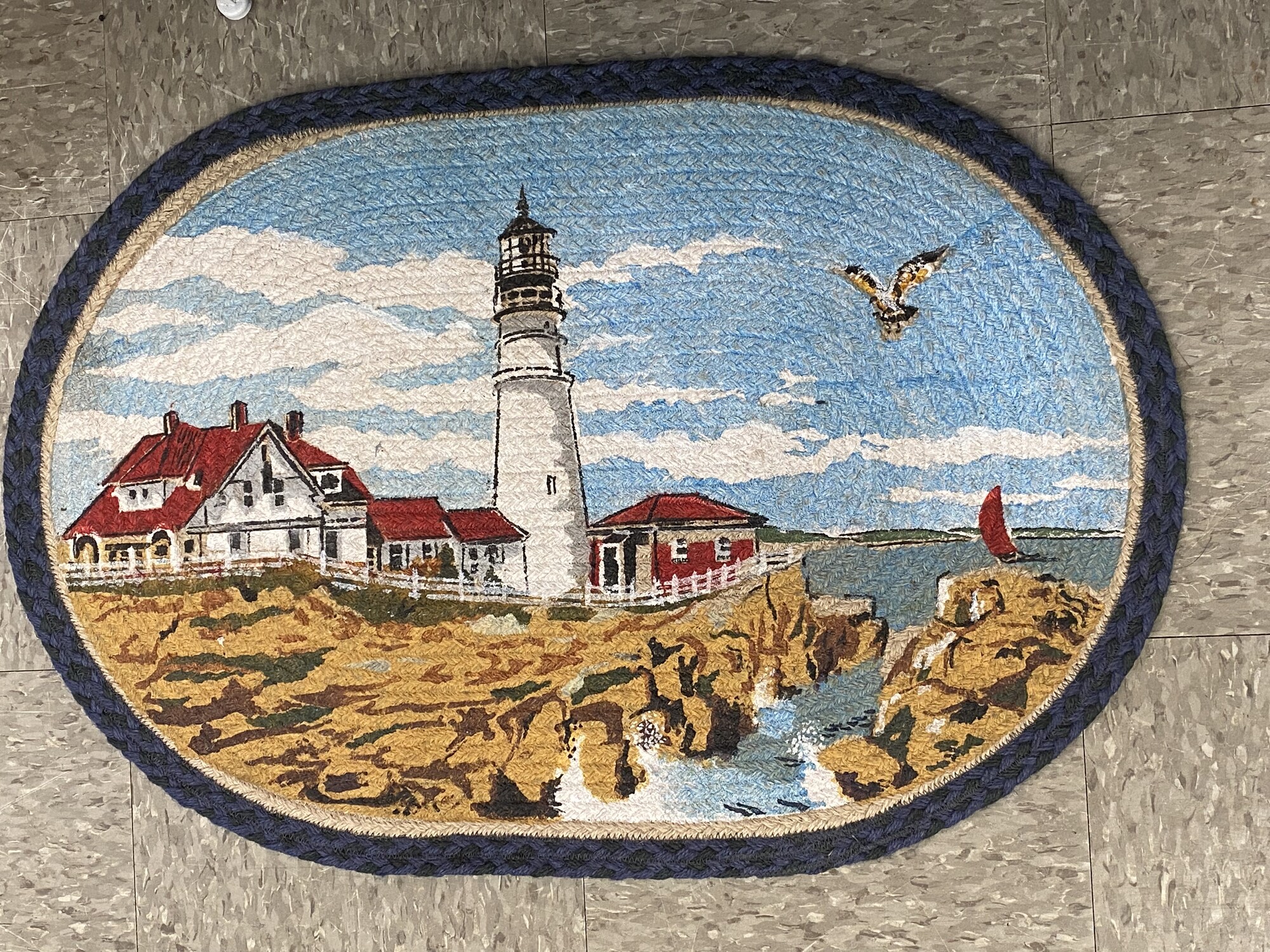 Painted Jute Rug, Portland Head Lighthouse, Navy, Size: 20x30 In
