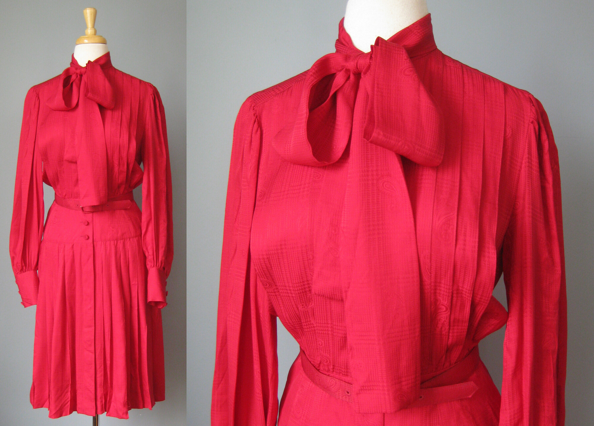 Here is a pretty red silk paisley jacquard secretary dress from the 1980s.
by Adele Simpson, made in Hong Kong with high end dressmaker details
High neck with sash bow tie.
Dropped waist
Matching belt
interior waist stay
Full skirt and puffy sleeves
Unlined
Long sleeves

Flat measurements:
Shoulder to shoulder: 14.75
armpit to armpit: 20
Waist: 13
Hip: up to 20
Length: 42
Underarm sleeve seam: 18 (sleeve buttons at the end)

perfect condition!

Thanks for looking!
#42921