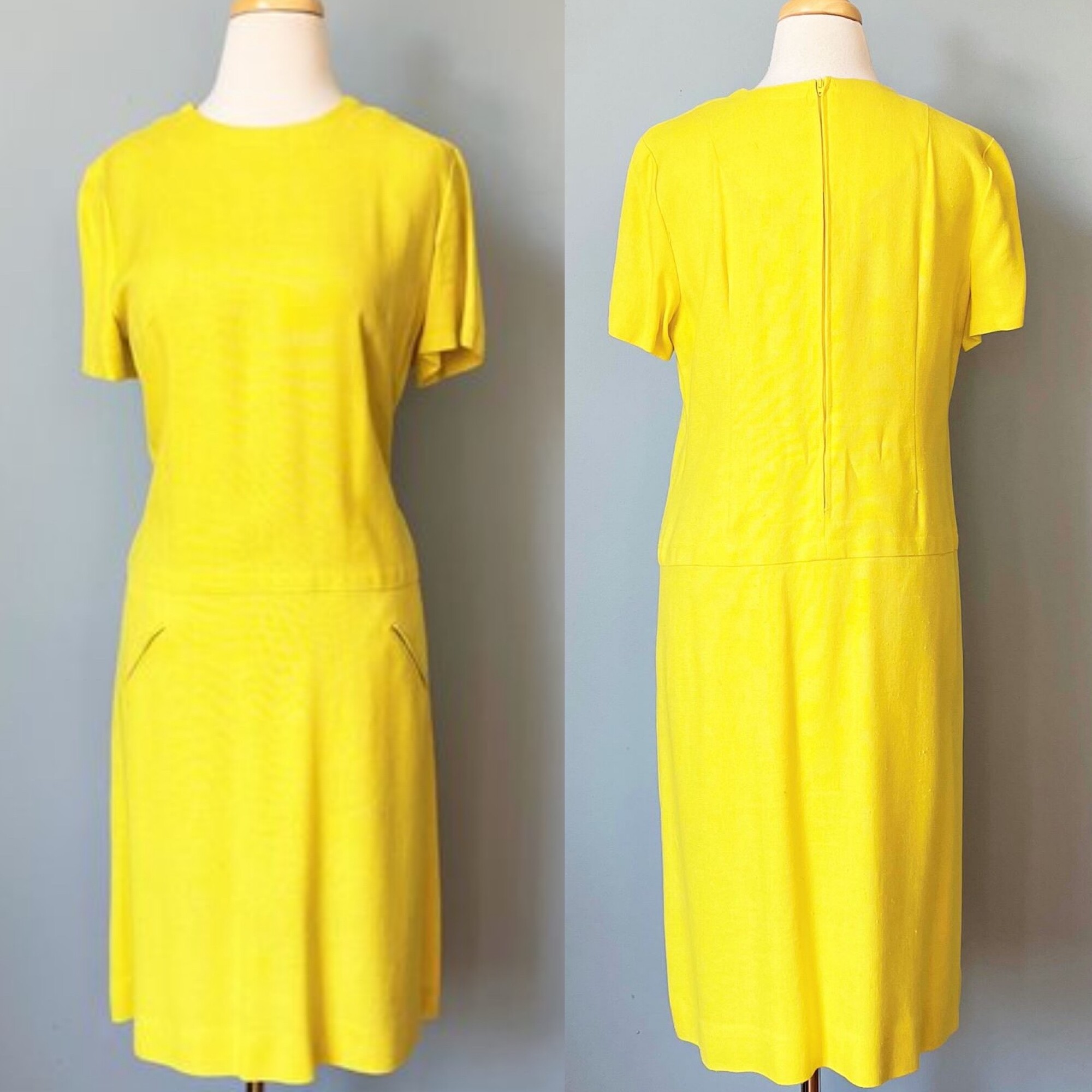 This is something I could see Twiggy wearing.  It is so cute.
Yellow Dress from the 1960s.
Short Sleeves
Dropped Waist
The fabric is a slubby linen or linen blend, no fabric tags present
Center back
Unlined
union made
By Madison

Here are the flat measurements, please double where appropriate:
Shoulder to shoulders: 16
armpit to armpit:19
Waist: 18
Hip: 21
Length: 34

Thank you for looking.
#47939