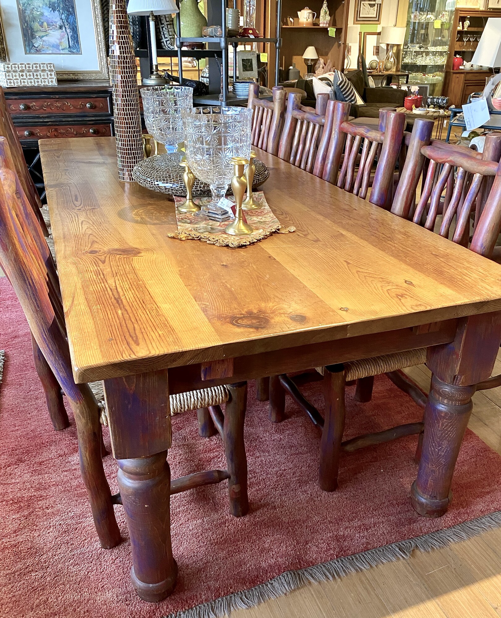 Dining Table, 8 Side Chairs,2 Armchairs,  2-12\" Leaves, Rustic, 13 Pcs

Without leaves, table is 8' long, with 2 leaves extends to
12'.