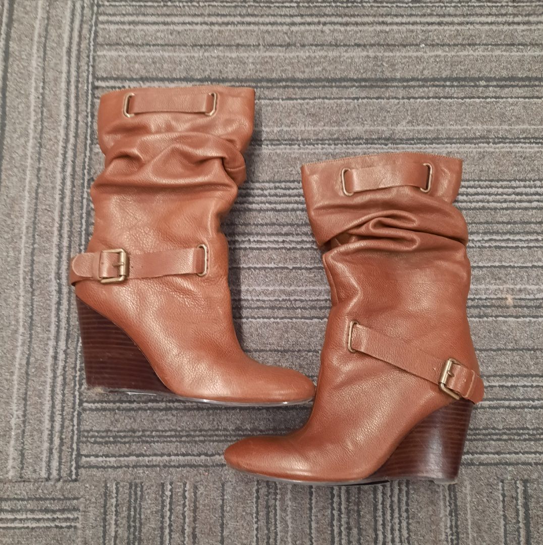 Wedge Slouch Leather Boot, Brown, Size: 6.5 in Excellent preloved condition!