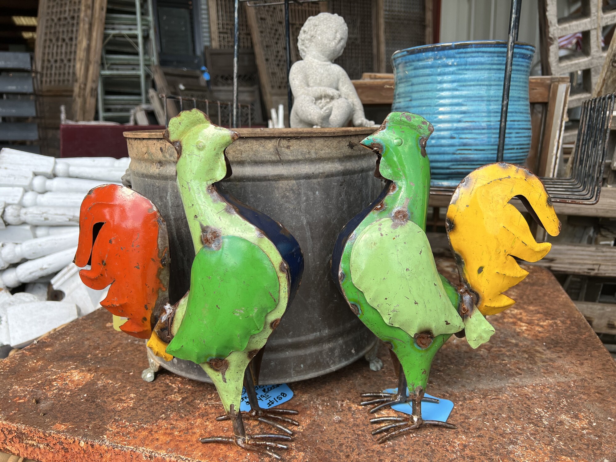 These fun and colorful roosters will add a touch of fun to any outdoor space
They are all metal and measure 12 inches high and 9 inches wide
Colors vary