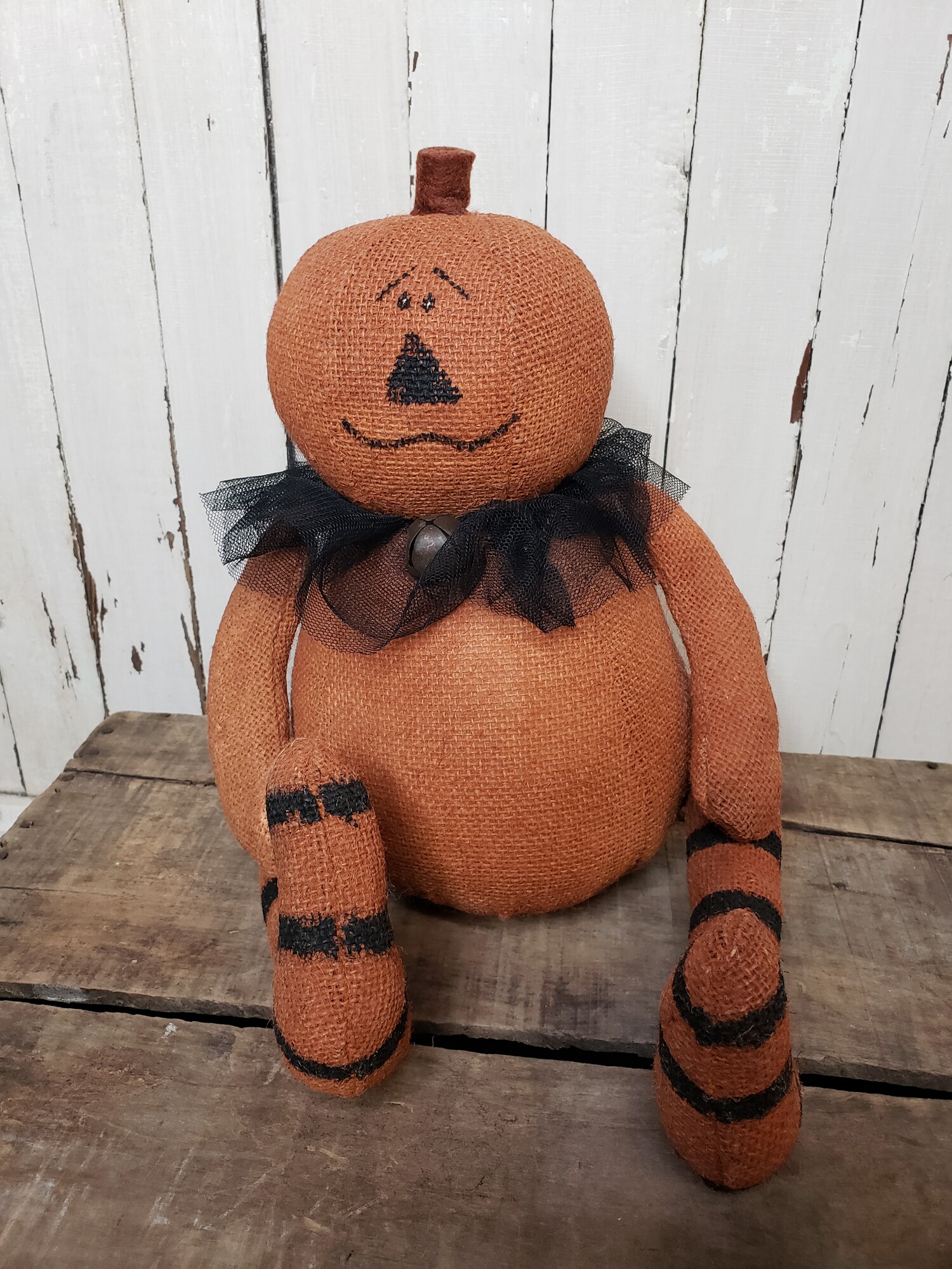 Jack O Lantern Doll. Painted Burlap. 12in tall.