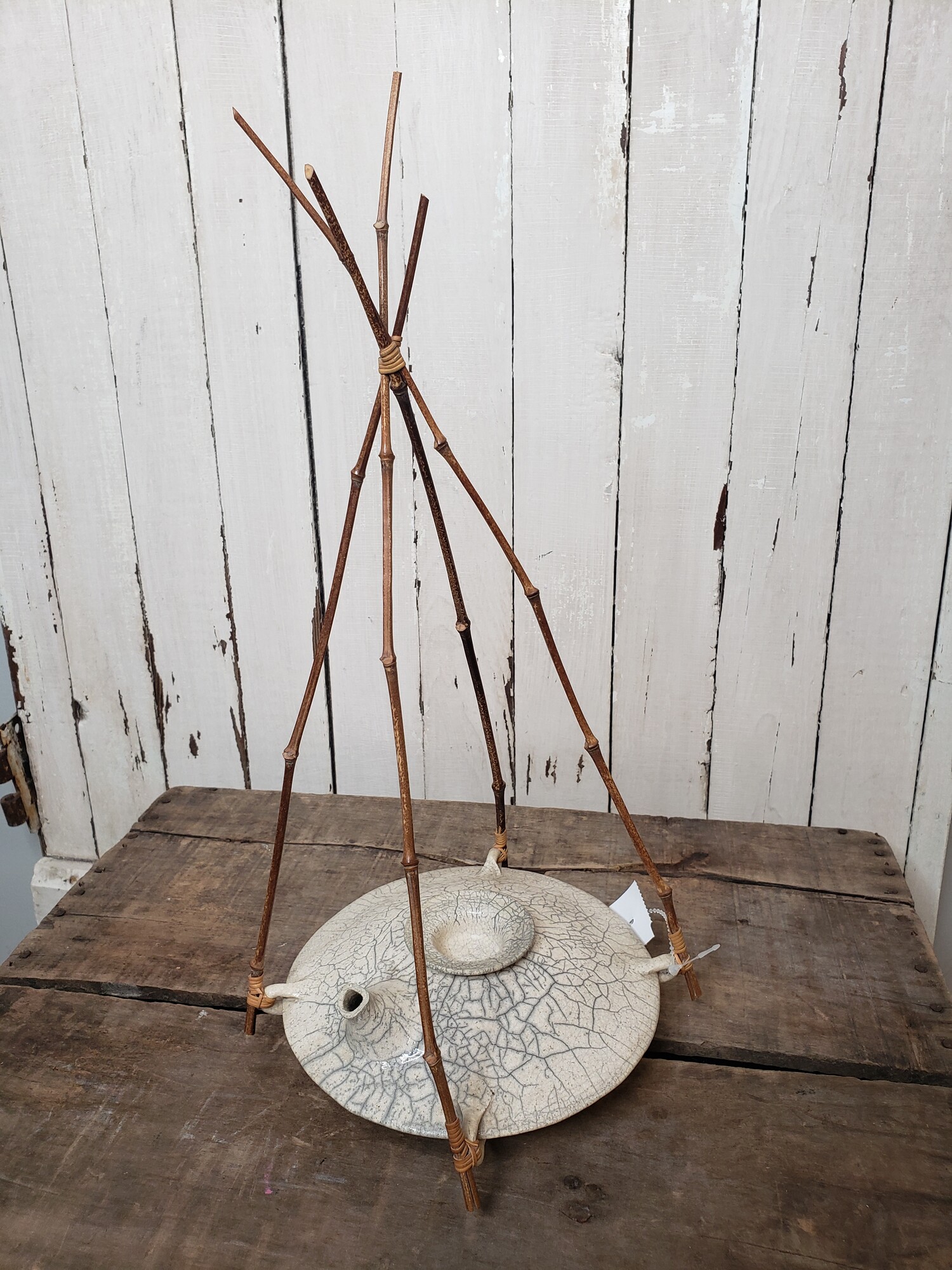 Japanese Ceramic Teapot, Handmade with Bamboo Handles.