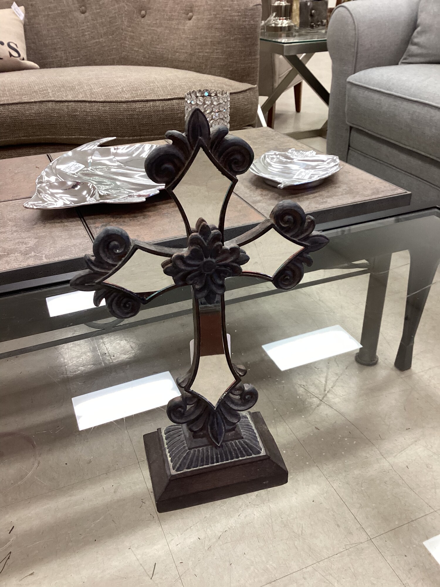 Mirrored Cross, Brown, On Stand
7in wide x 3in deep x 12in tall