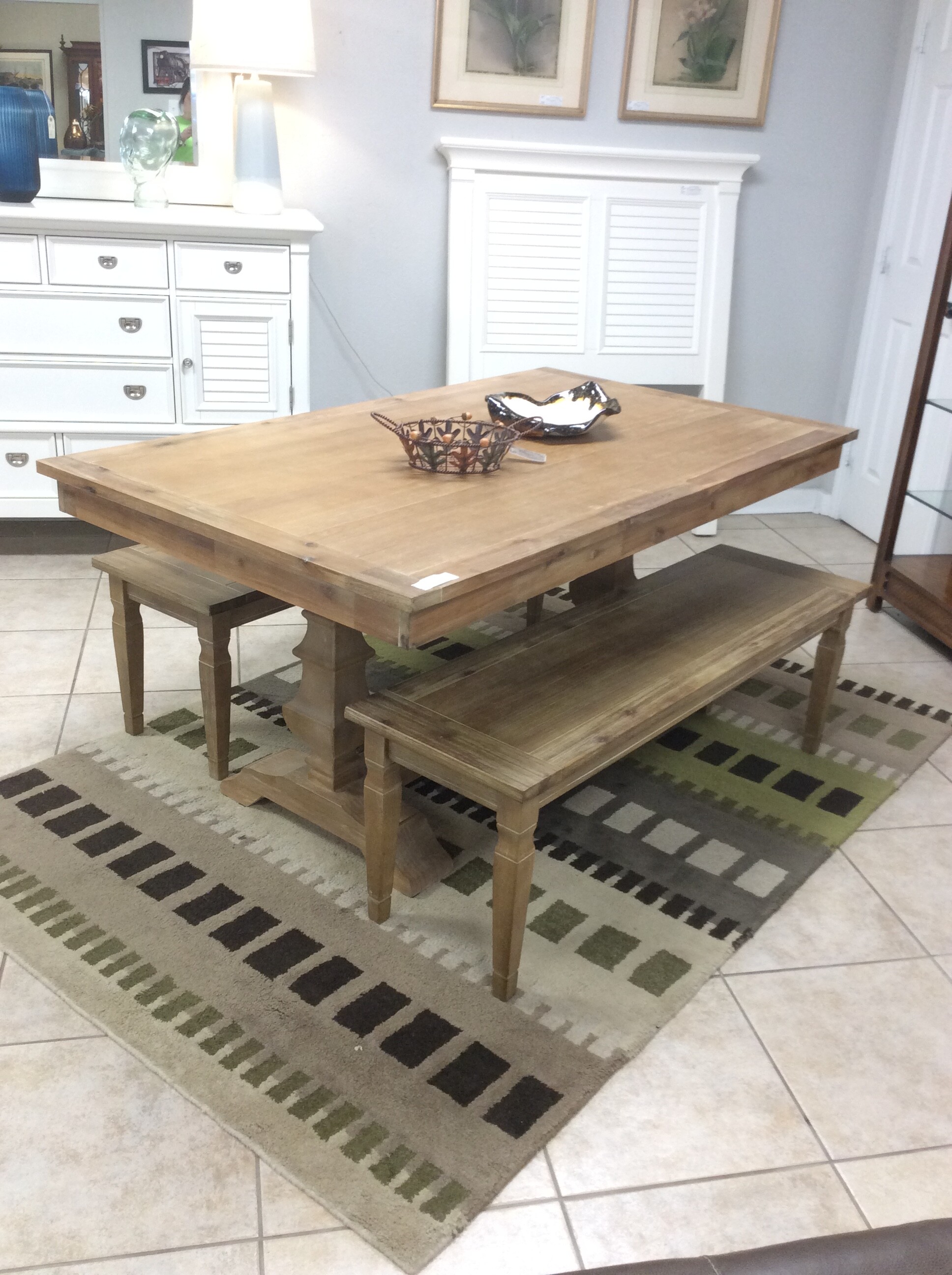 This is a beautiful, rustic, Pier 1 trestle table with 2 benches.