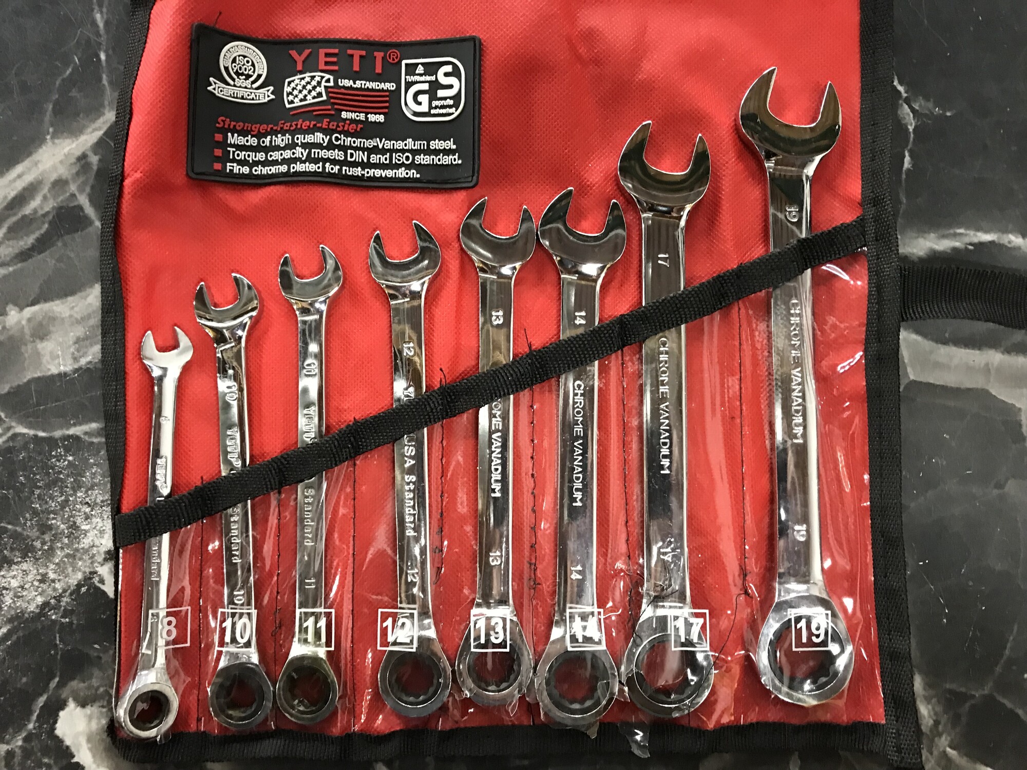 Ratcheting Wrench Set, YETI, Size: 8pc
Metric 8mm, 10mm, 11mm, 12m,13mm, 14mm,17mm,19mm