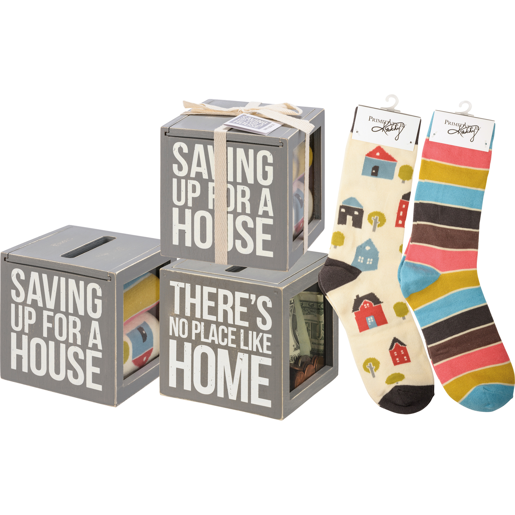 Bank And Sock Set Home, SKU: 111261
This coordinating set includes two pairs of socks with themed designs, tucked neatly inside a wooden bank featuring double-sided box sign style designs with Saving Up For A House and There's No Place Like Home sentiments. Sliding lid with convenient coin slot makes it easy to store coins and bills inside, and glass side panels allow you to watch as your savings grow. Socks are a cotton, nylon, and spandex blend and are machine-washable. Remove socks from bank and use it to stash your savings for your next big purchase!

DETAILS
Dimensions: Bank: 4.25 x 4.25 x 4.25, Socks: One Size Fits Most
Material: Wood, Glass, Cotton, Nylon, Spandex, Ribbon
UPC: 190134112615
Artist: Primitives by Kathy
Product Text: SAVING UP FOR A HOME; THERE'S NO PLACE LIKE HOME