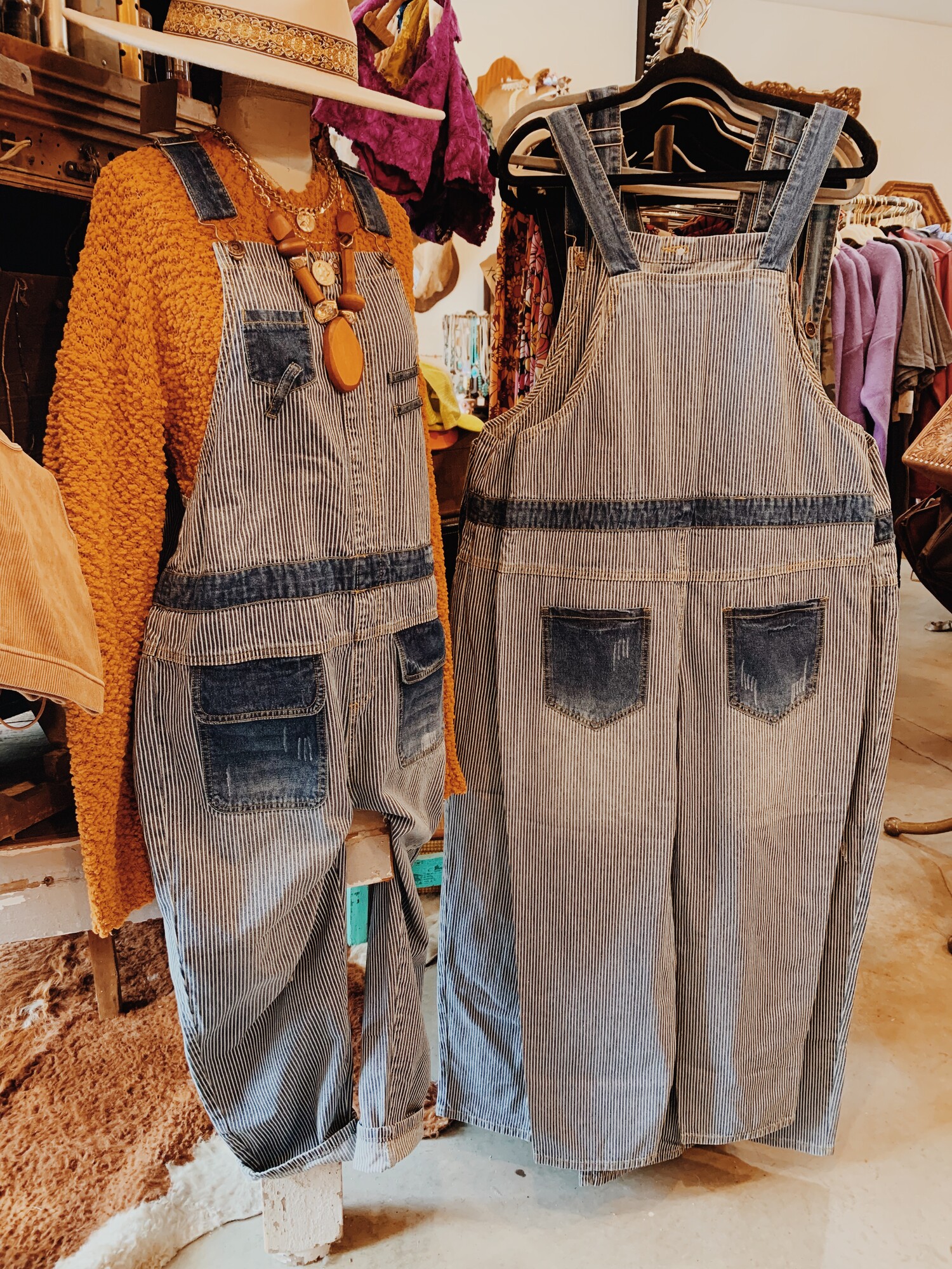 These fabulous striped denim overalls have a fun, funky fit! Wear these with a tank in the summer or a sweater in the winter, and you are ready to go!