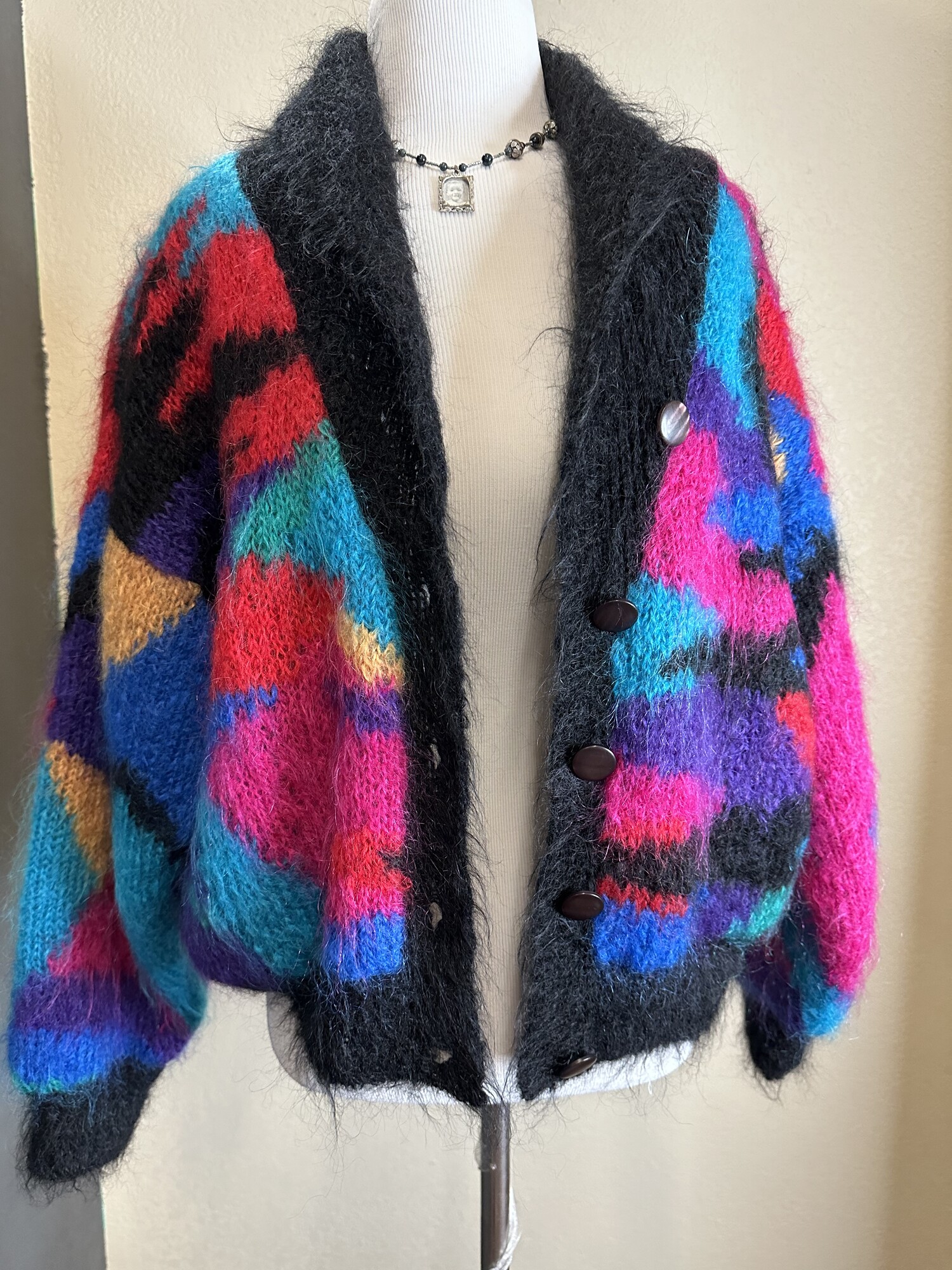 Late 80s/Early 90s funky colored chunky mohair cardigan sweater.  5 buttons and pockets.