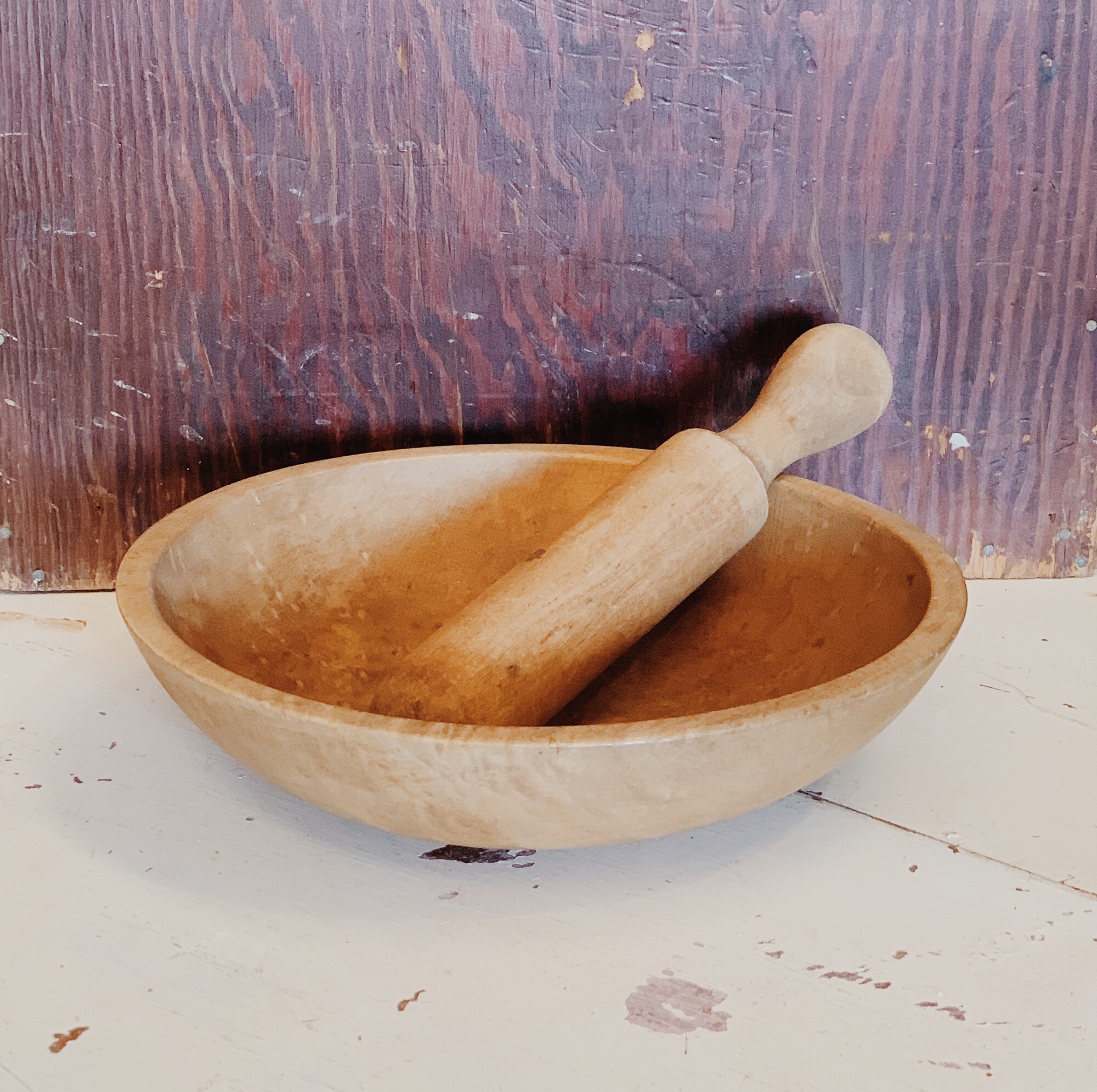This antique wooden mortar and pestle is just amazing! A vintage or antique mortar and pestle set is breathtaking as counter decor in a kitchen. This all wooden piece would look stunning on an island, as a dining table centerpiece, on a shelf, or in a cabinet with glass doors!

Measurements:
Mortar: 10.5 Inches x 11.5 Inches x 3 Inches
Pestle: 11 Inches x 1.75 Inches