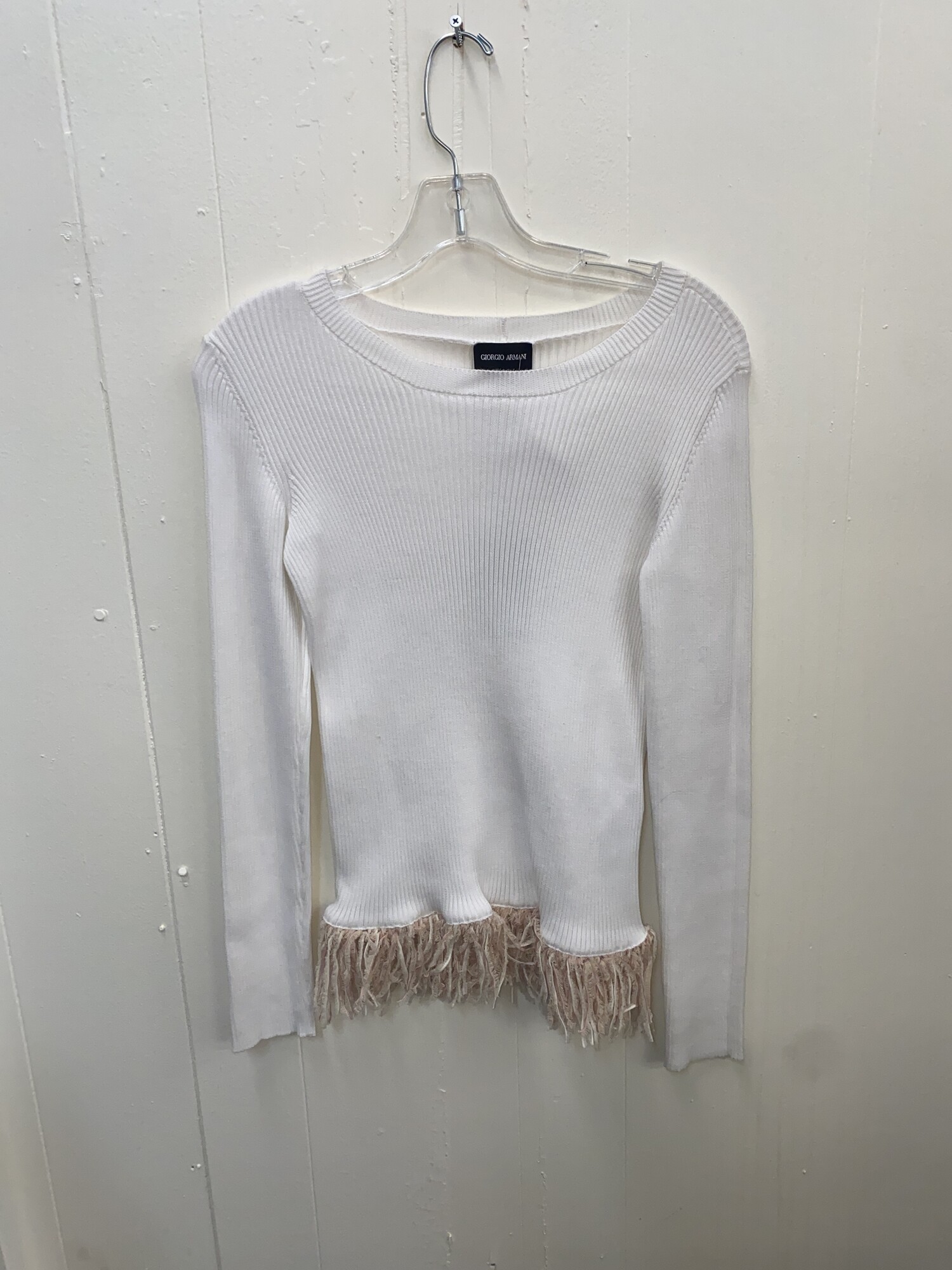 Sweater Ribbed Fringe Hem, White, Size: 42/sm