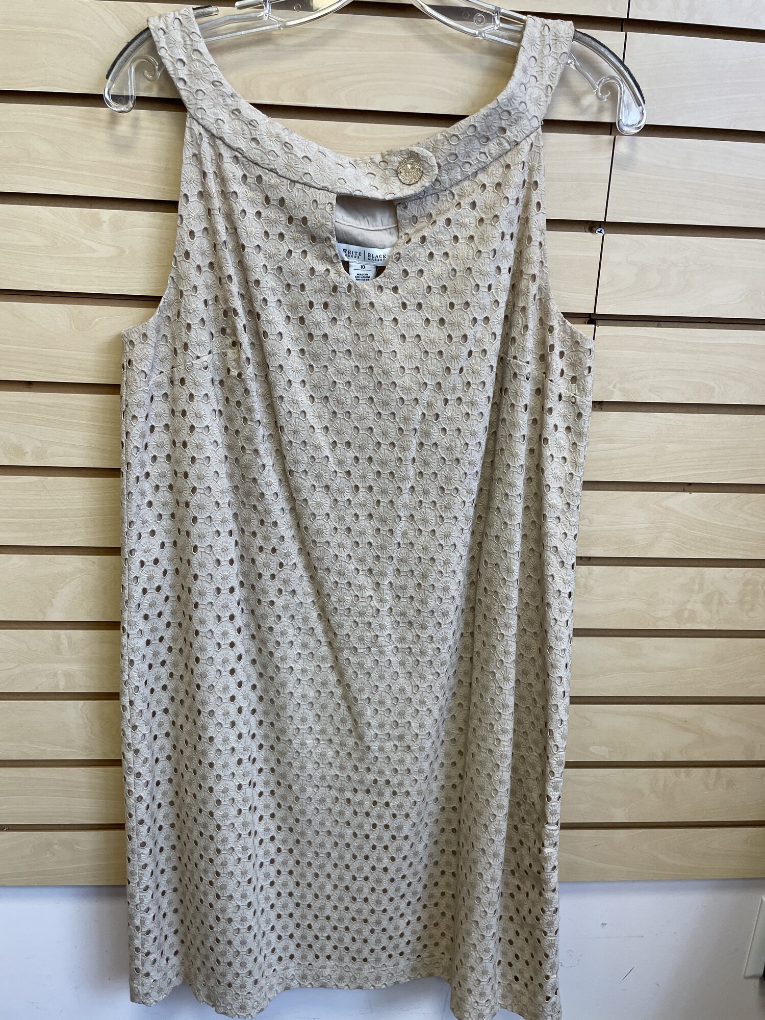 WHBM Tank Dress, Khaki/Beige,  Floral Eyelet Outer Layer, Button Closure at the Neckline with a Keyhole Opening in the Front, Size: Medium