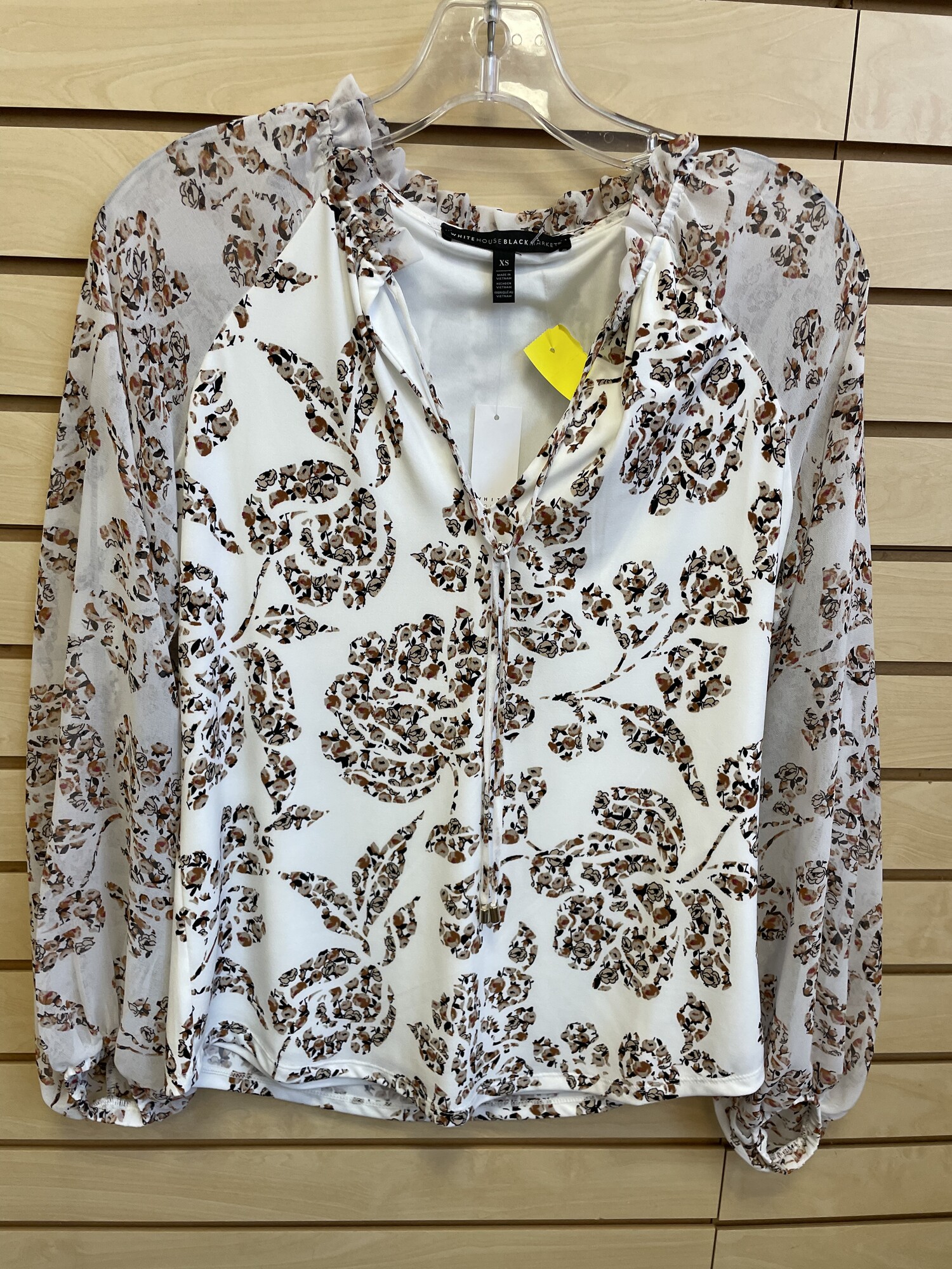 NWT WHBM Top, Long Shear Sleeves, Cream with Brown Floral Pattern, V Neck with Tie Front, Ruffles at Neckline, Size: XS
