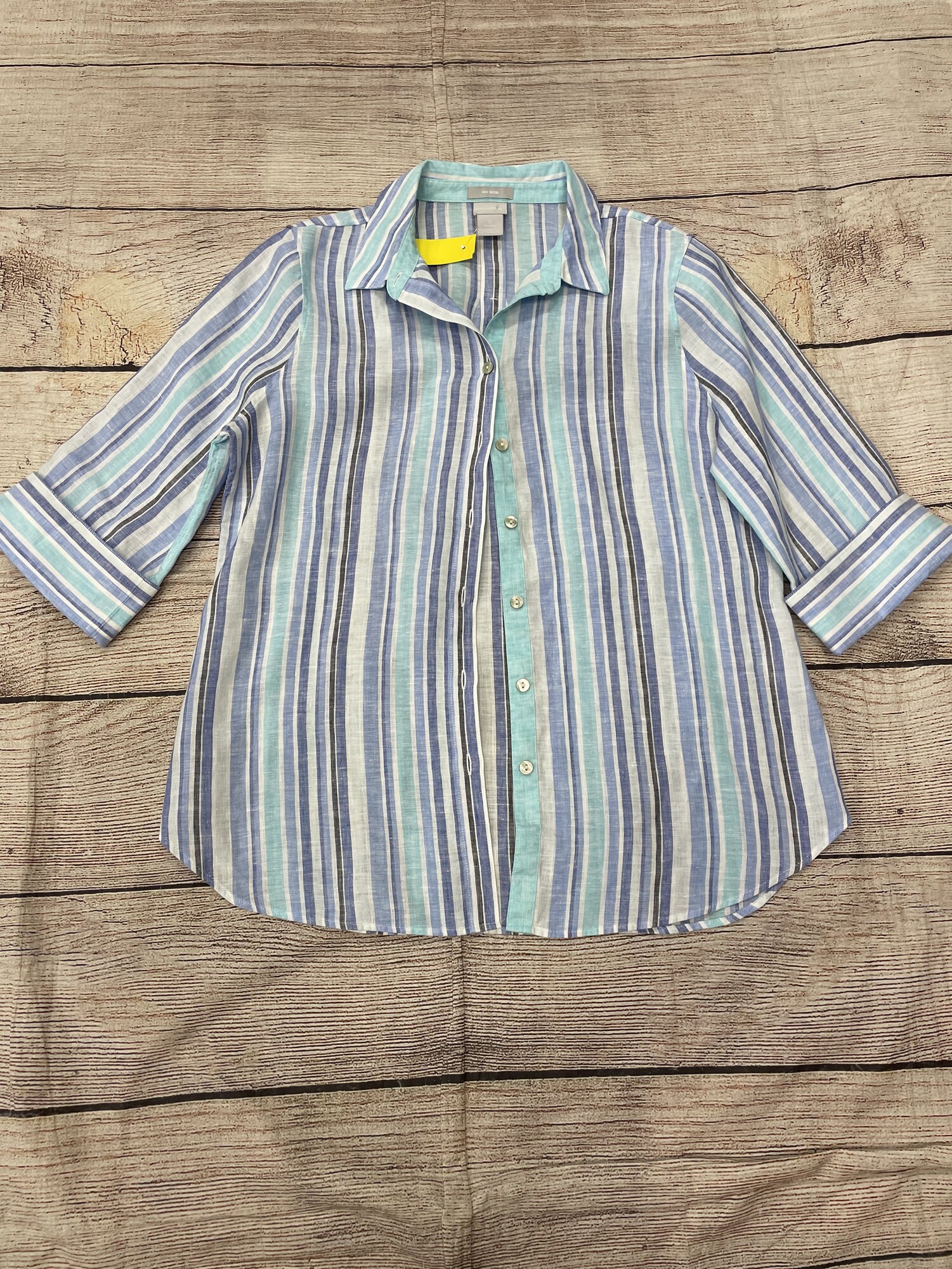 Chicos Blouse, 3/4 Sleeves, Blue Stripes, No Iron Linen, Button Down,Cuffed Sleeves, Size: Small